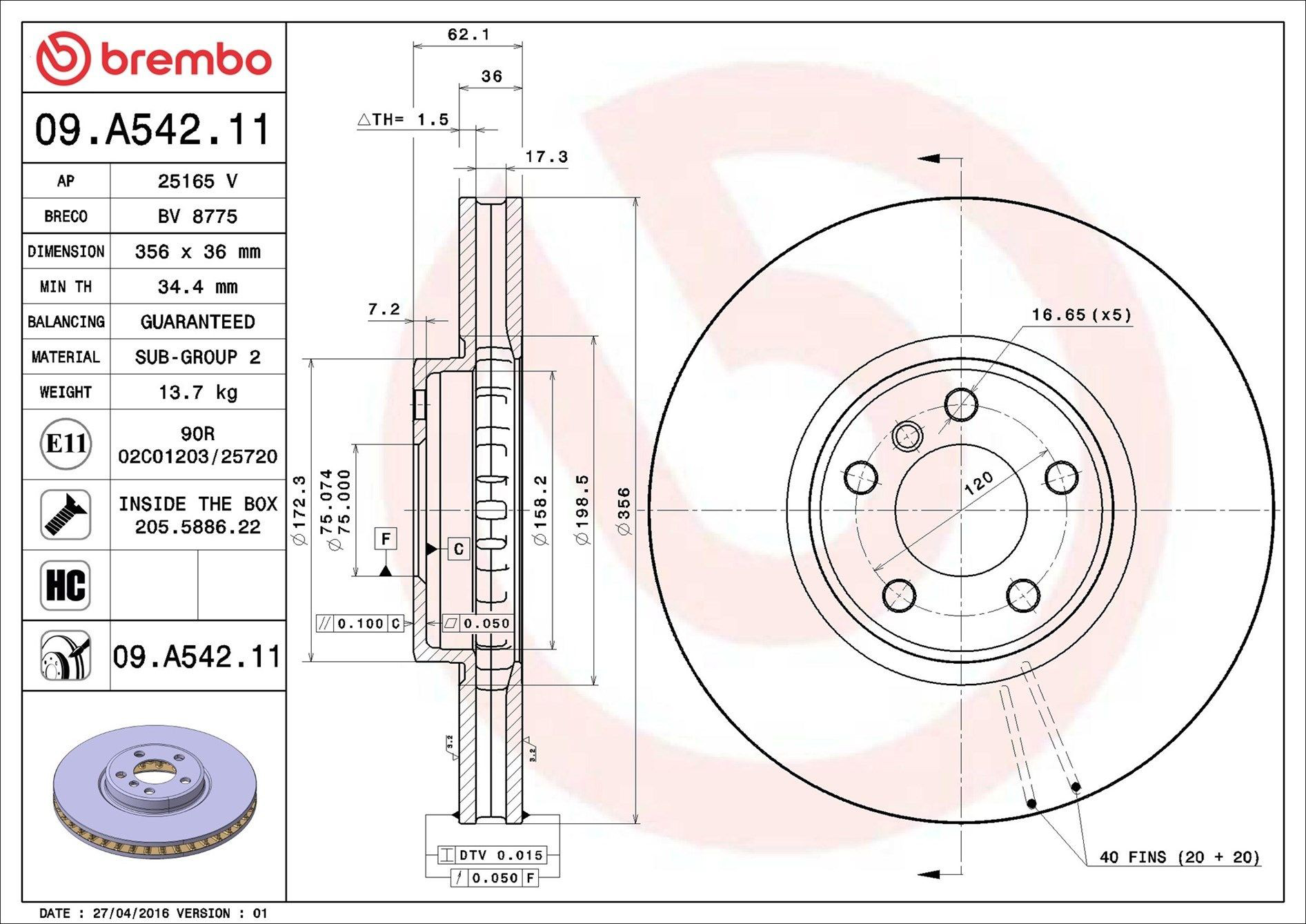 Do koszyka 09A54211 Brembo Tarcza hamulcowa przednia
