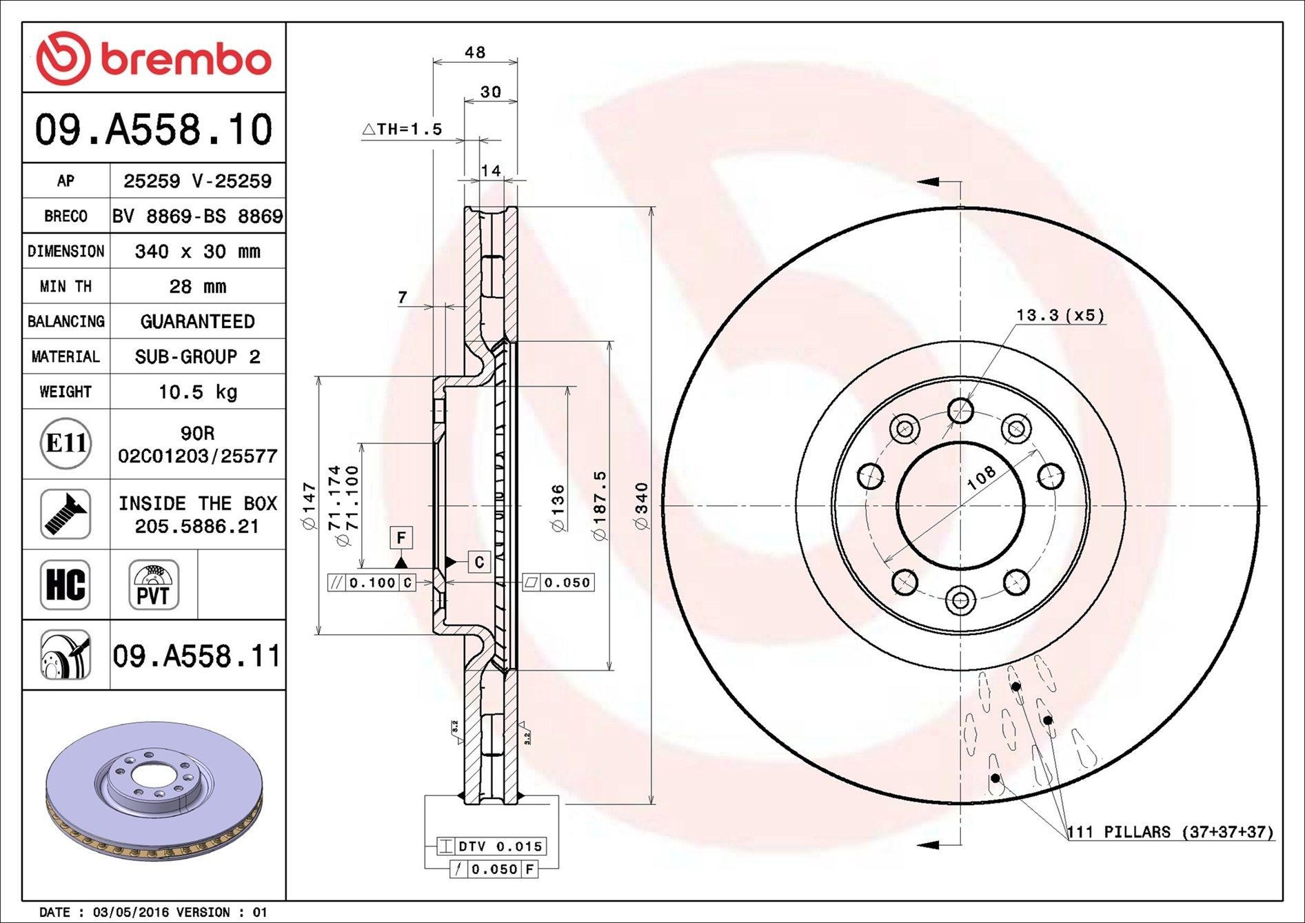 Tarcza hamulcowa przednia Brembo 09A55811 cena, od 79,11 USD