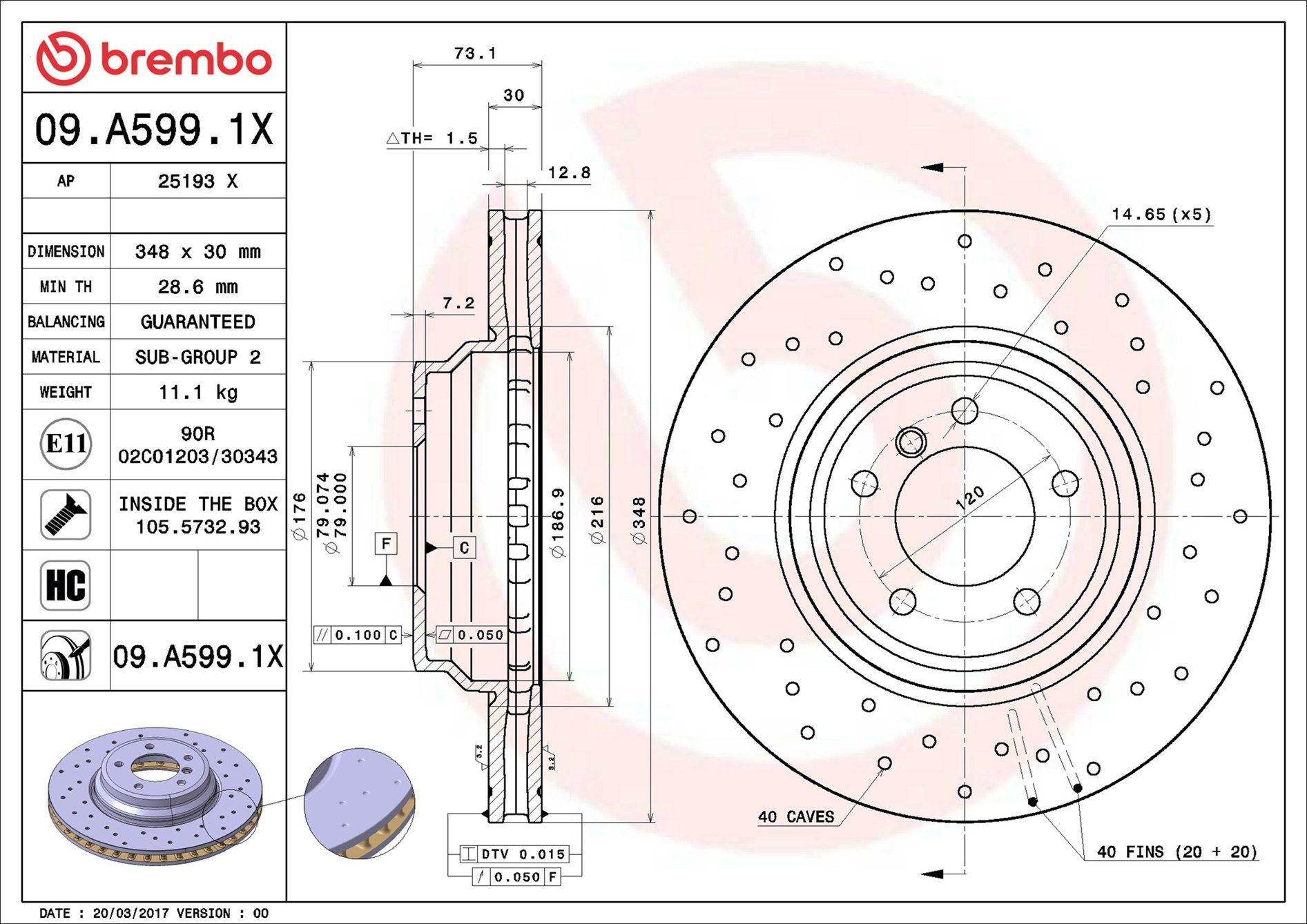 Do koszyka 09A5991X Brembo Tarcza hamulcowa przednia