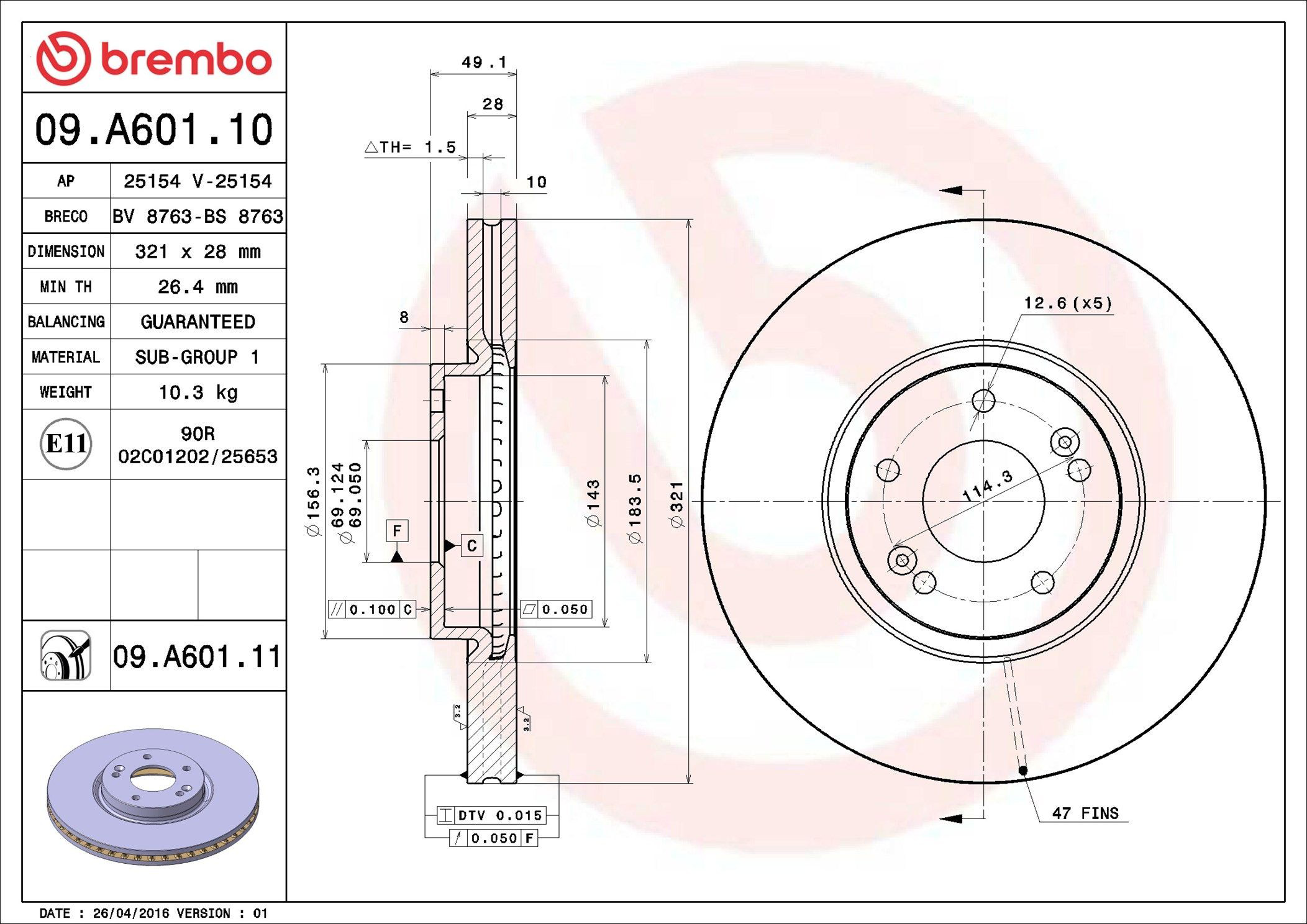 Do koszyka 09A60110 Brembo Tarcza hamulcowa przednia