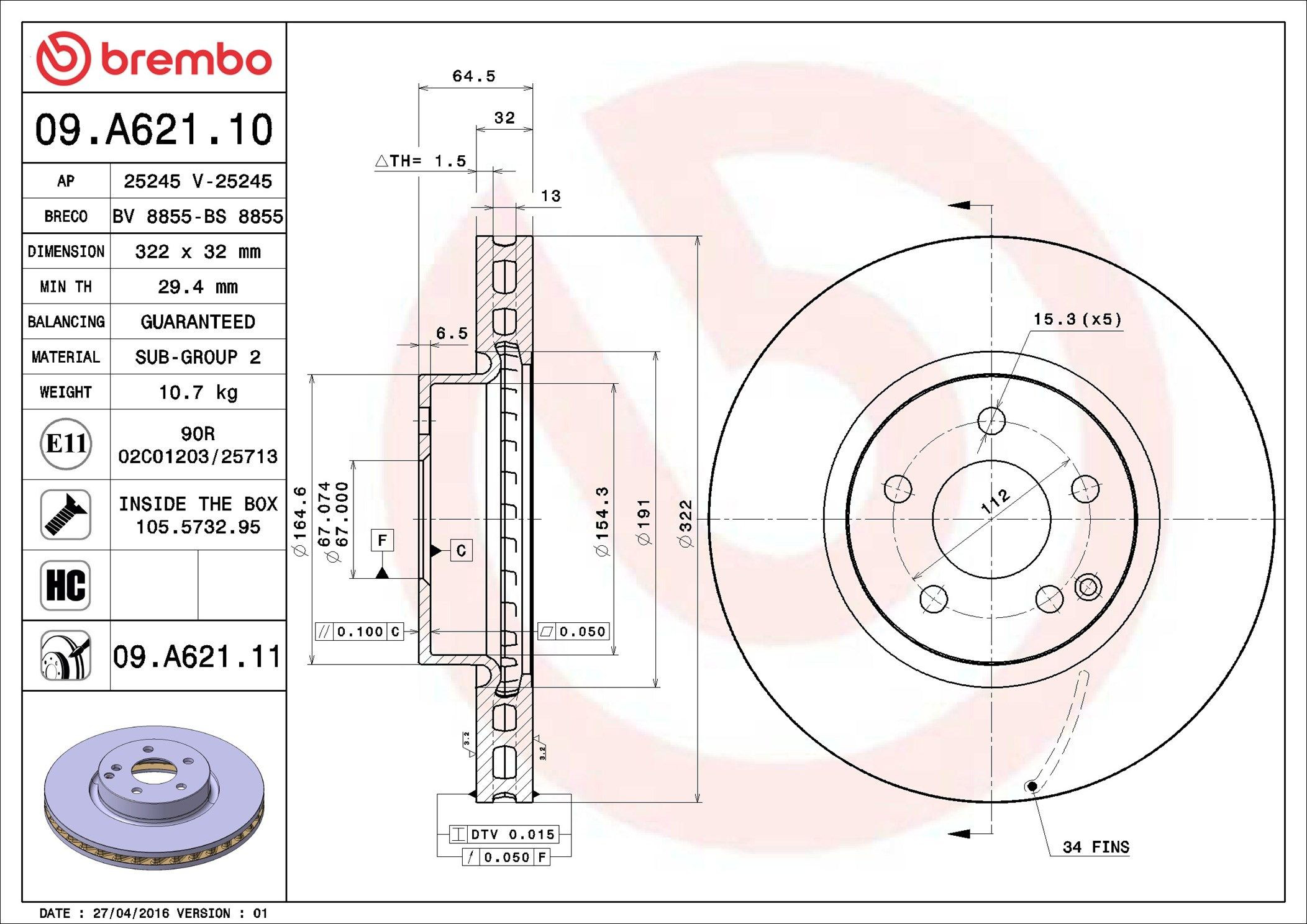 Tarcza hamulcowa przednia Brembo 09A62111 cena, od 91,98 USD