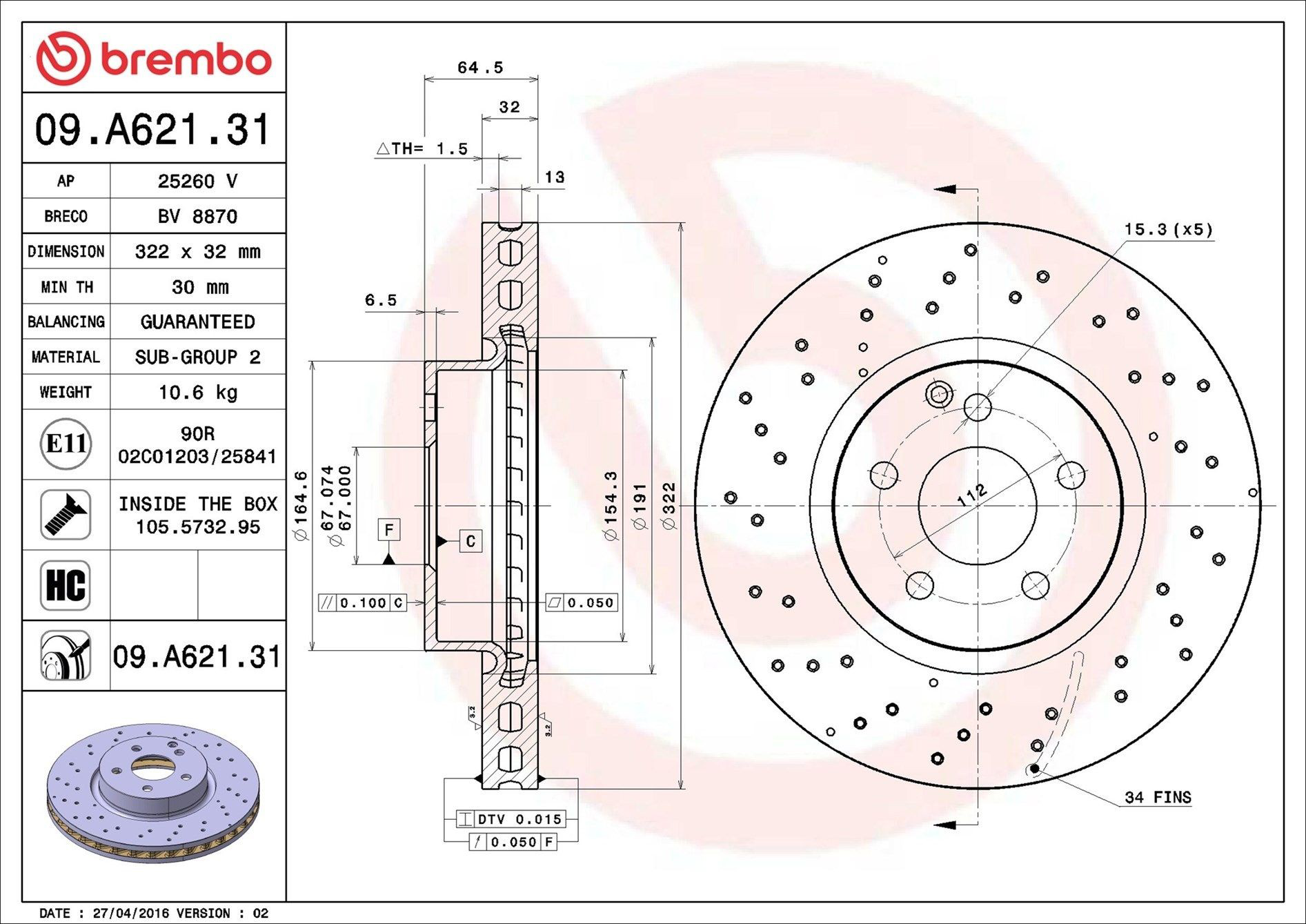 Tarcza hamulcowa przednia Brembo 09A62131 cena, od 89,25 USD