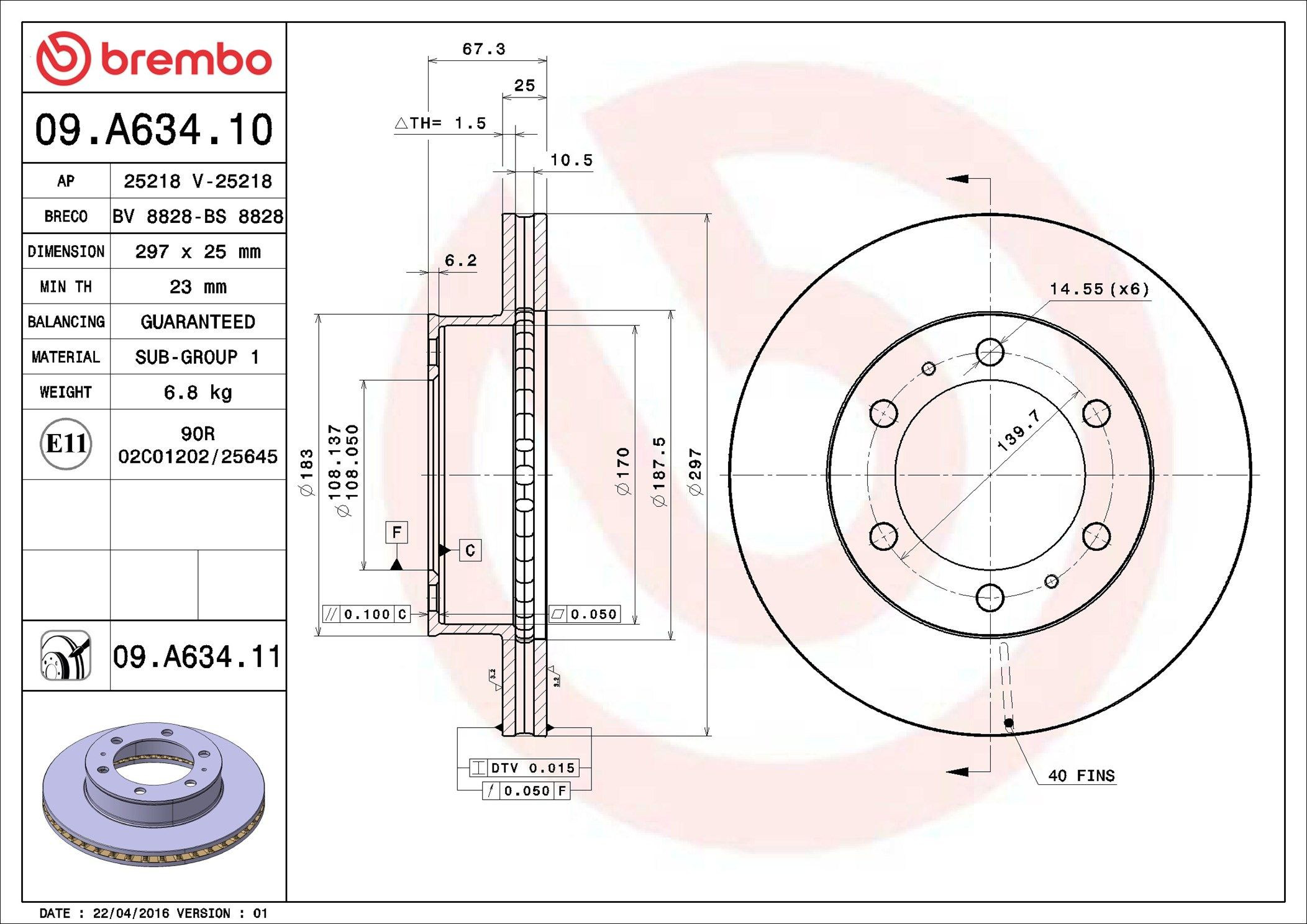 Do koszyka 09A63410 Brembo Tarcza hamulcowa przednia