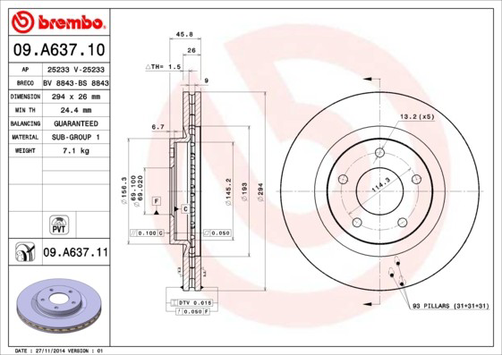 Tarcza hamulcowa przednia Brembo 09A63710 cena, od 48,91 USD