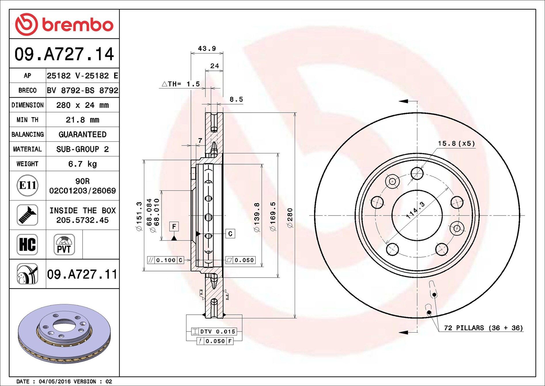 Tarcza hamulcowa przednia Brembo 09A72711 cena, od 48,72 USD