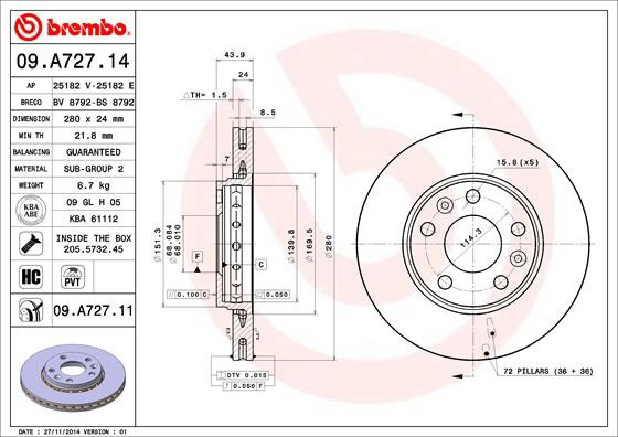 Tarcza hamulcowa przednia 09A72714 Brembo