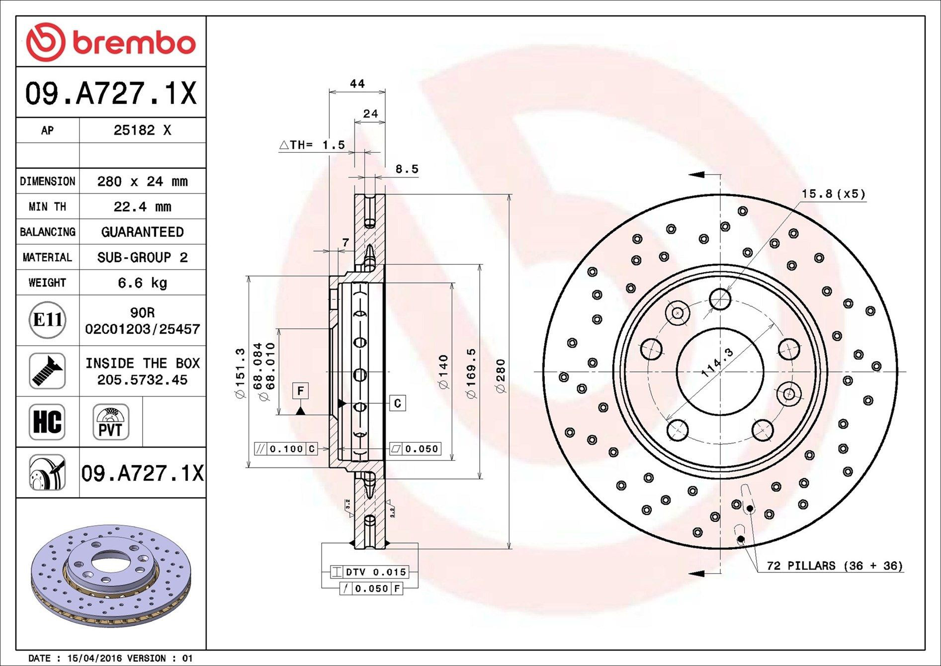Tarcza hamulcowa przednia Brembo 09A7271X cena, od 48,72 USD