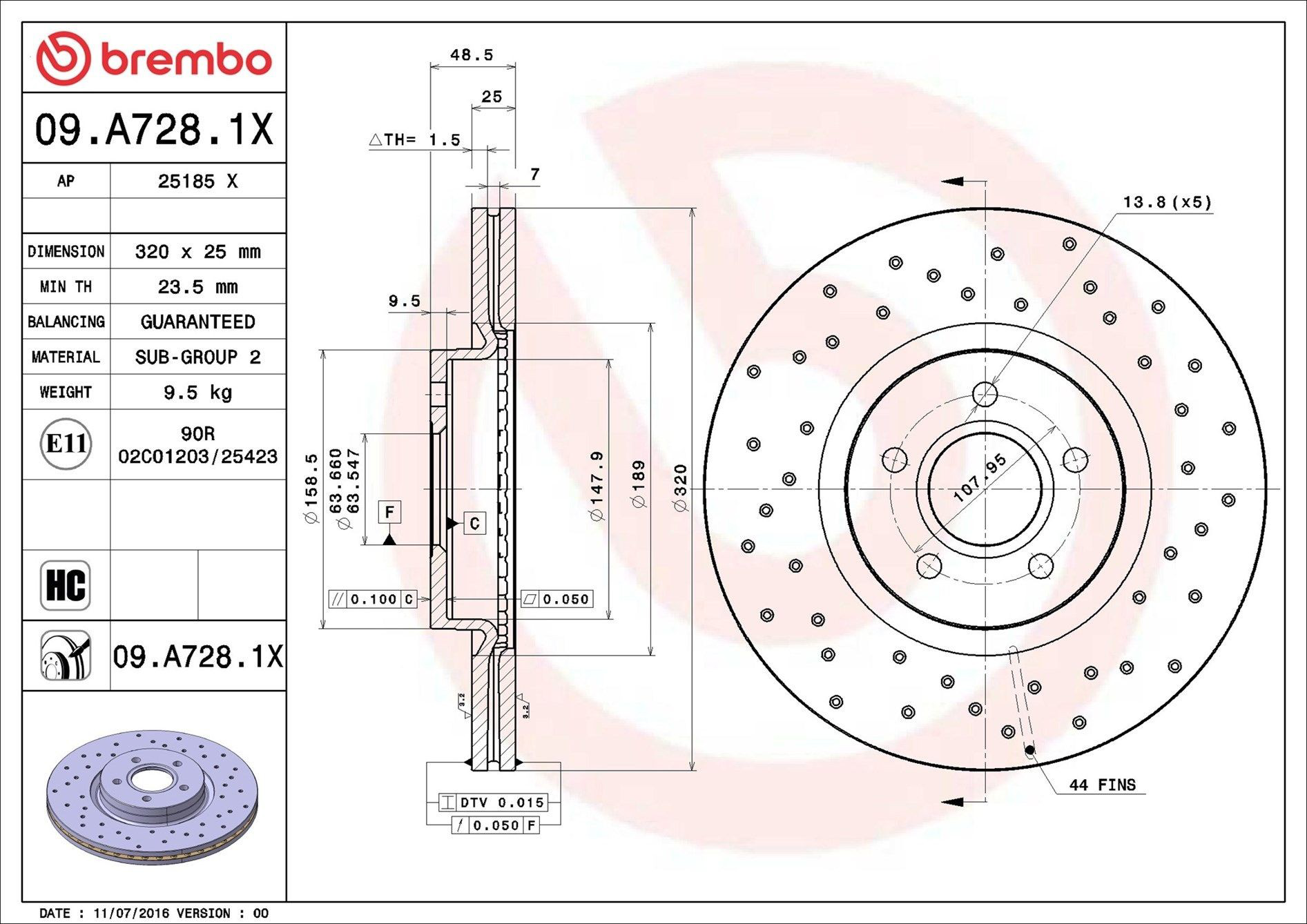 Tarcza hamulcowa przednia Brembo 09A7281X cena, od 70,35 USD