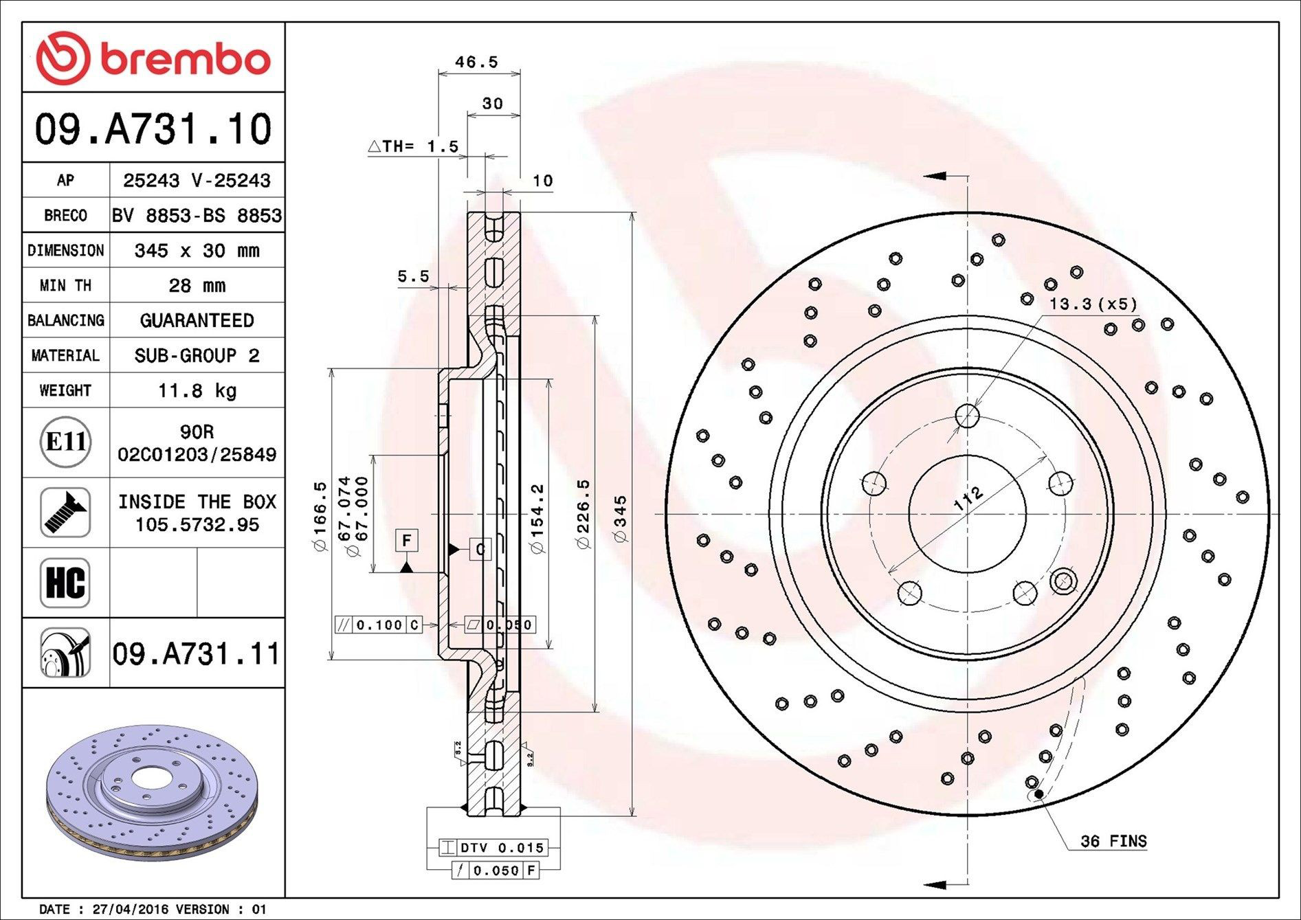 Do koszyka 09A73111 Brembo Tarcza hamulcowa przednia