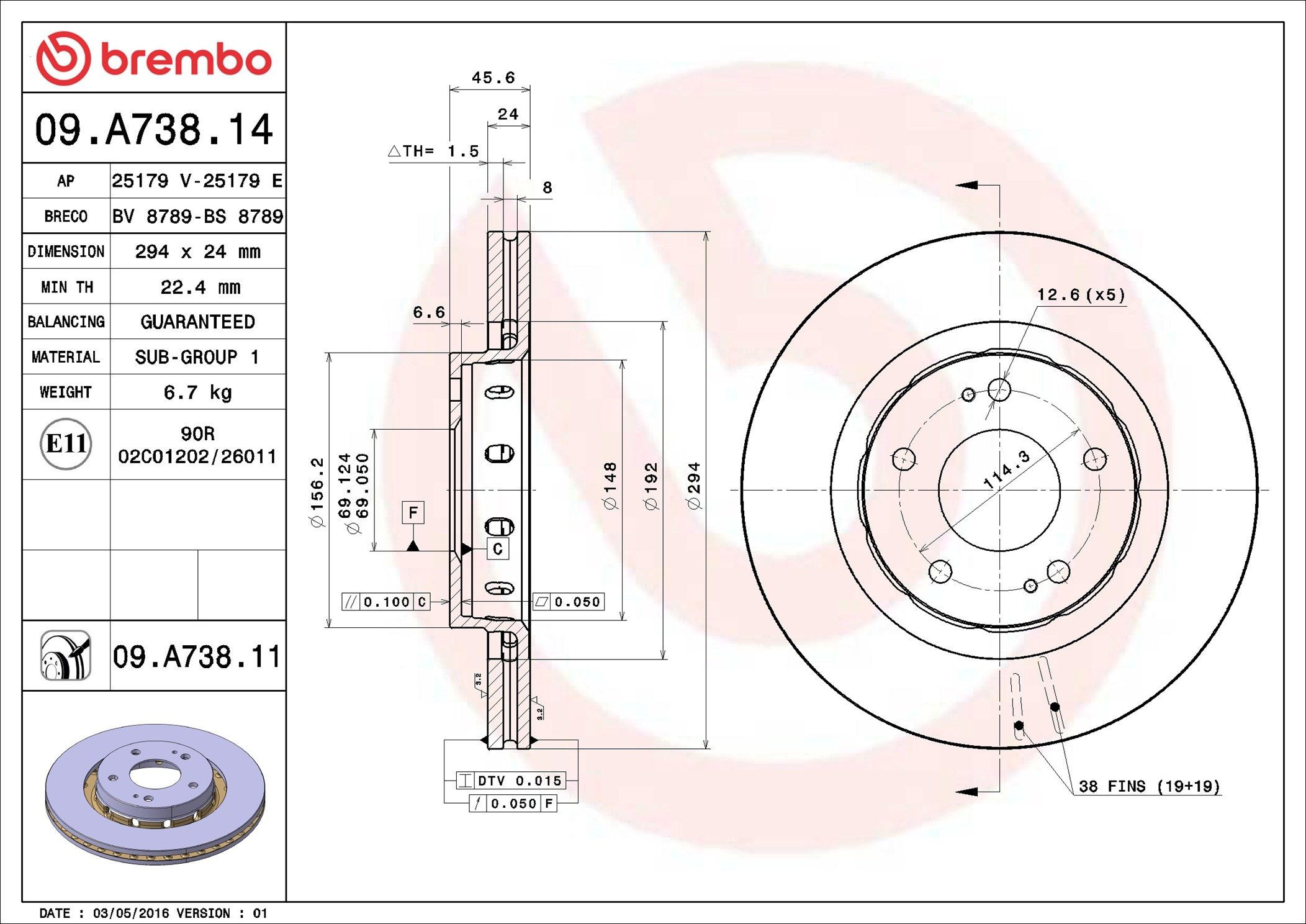 Tarcza hamulcowa przednia Brembo 09A73811 cena, od 50,65 USD