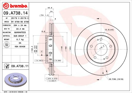 Tarcza hamulcowa przednia 09A73811 Brembo