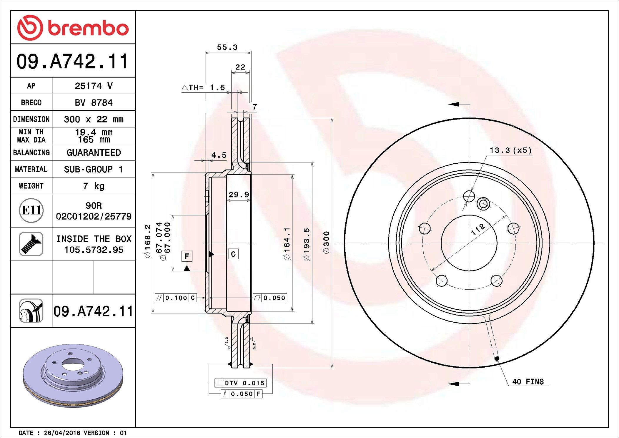 Do koszyka 09A74211 Brembo Tarcza hamulcowa tylna