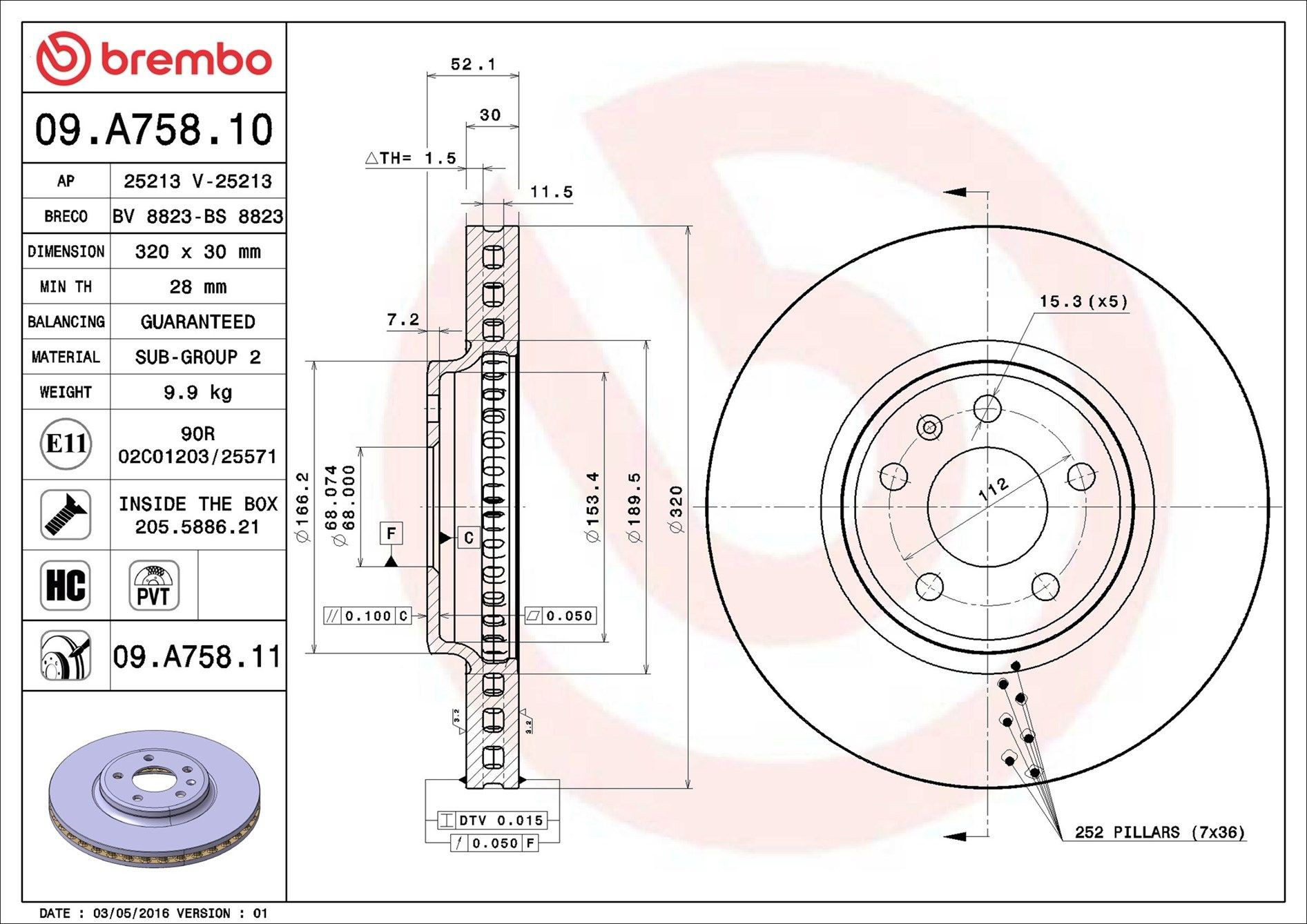 Tarcza hamulcowa przednia Brembo 09A75811 cena, od 74,80 USD