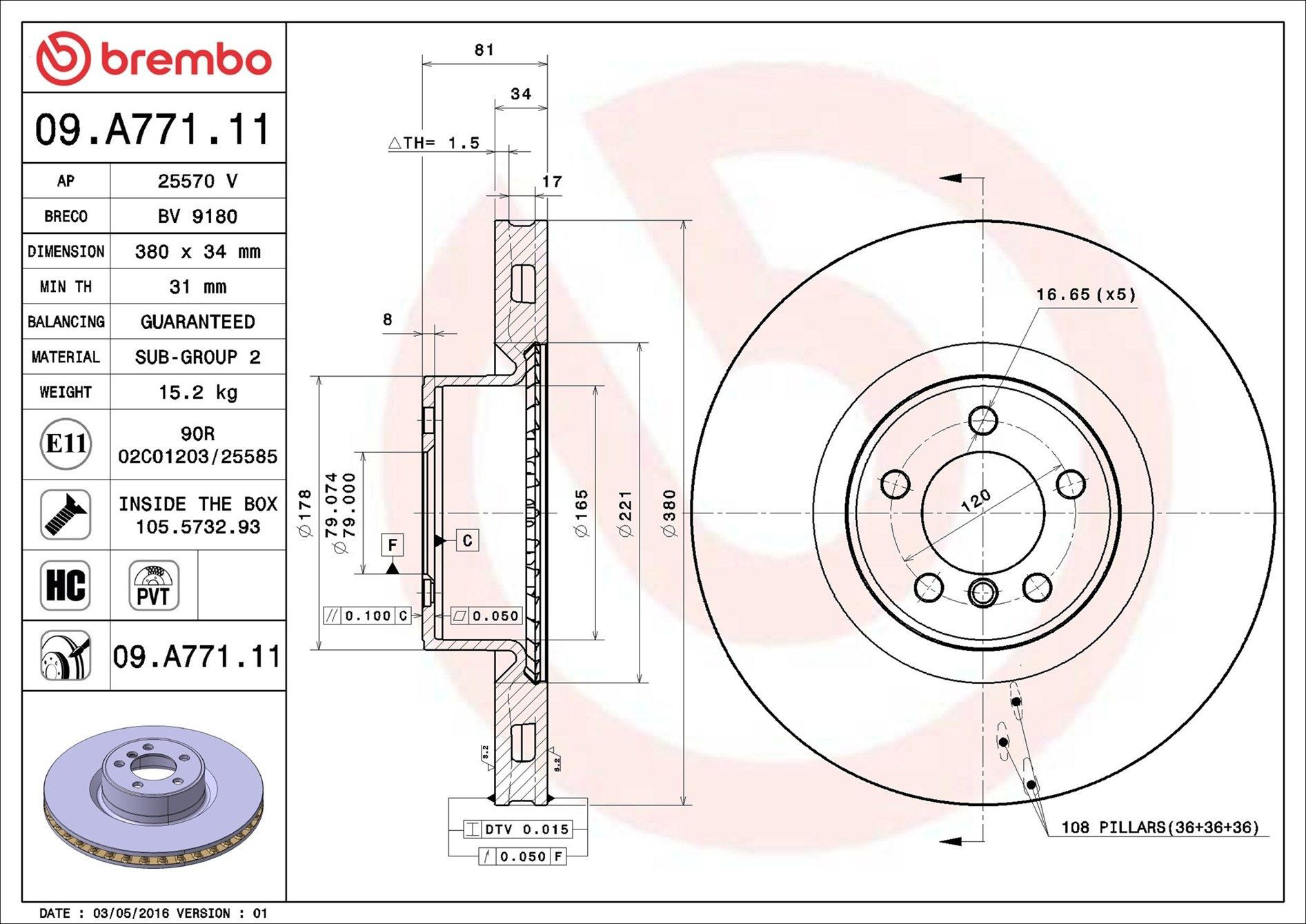Tarcza hamulcowa przednia Brembo 09A77111 cena, od 119,13 USD