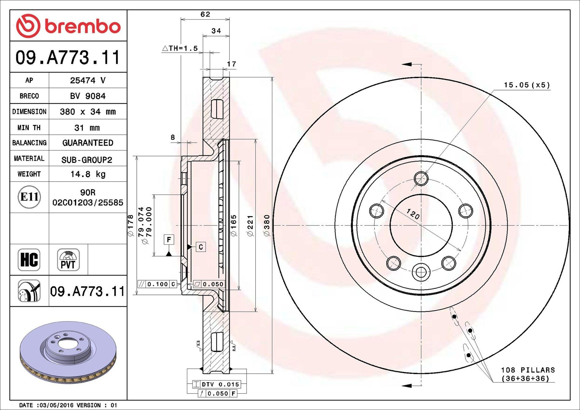 Tarcza hamulcowa przednia Brembo 09A77311 cena, od 112,76 USD