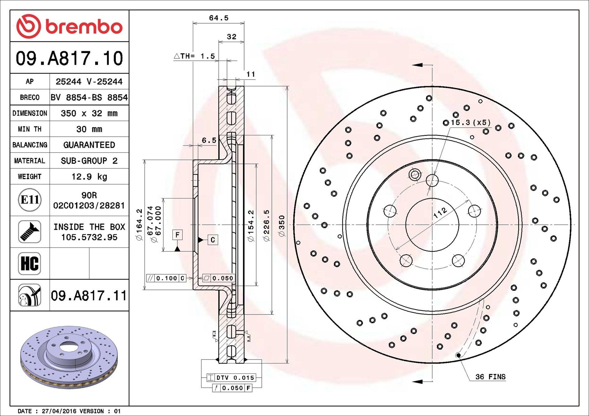 Tarcza hamulcowa przednia Brembo 09A81711 cena, od 103,49 USD