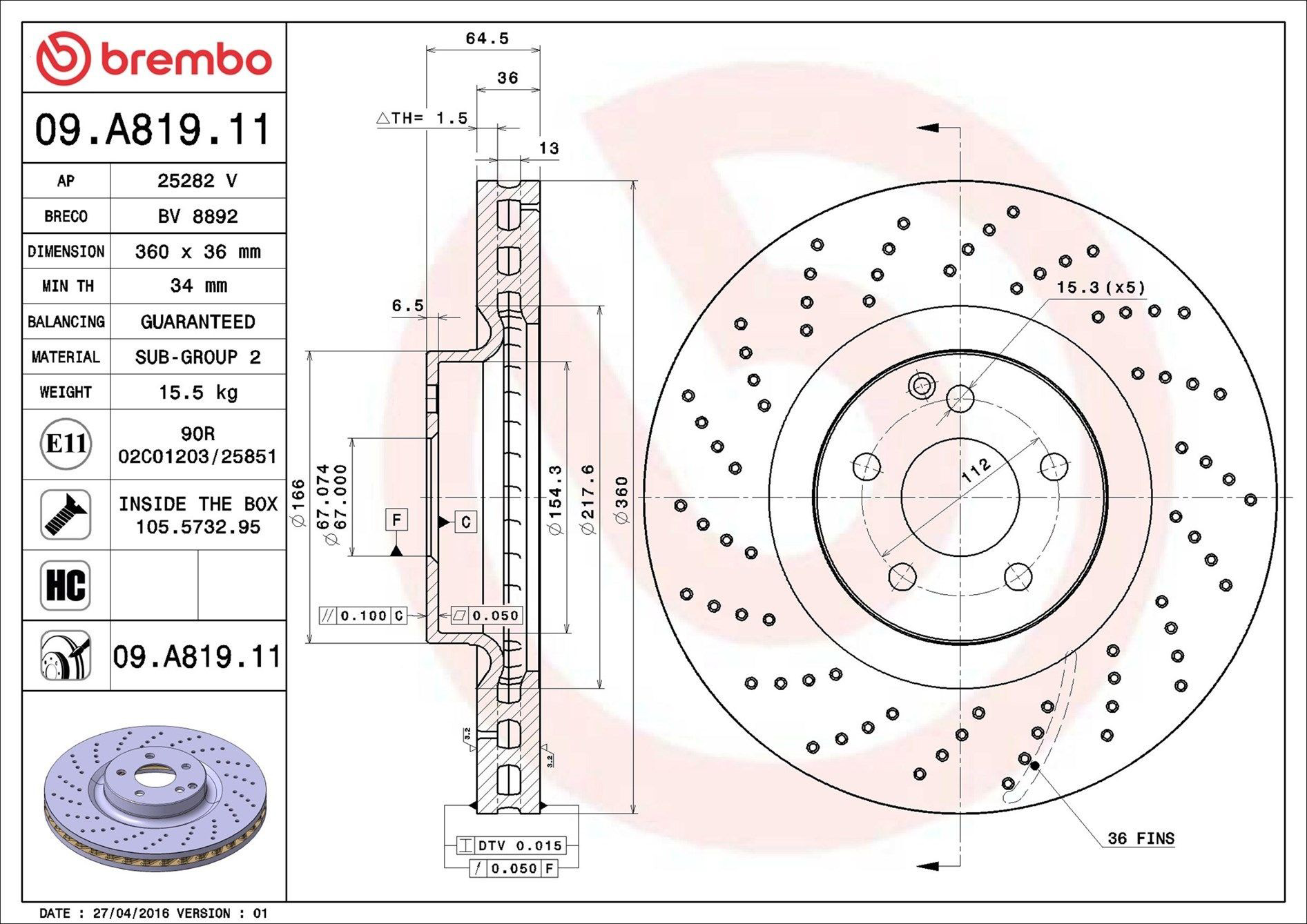 Tarcza hamulcowa przednia Brembo 09A81911 cena, od 153,72 USD