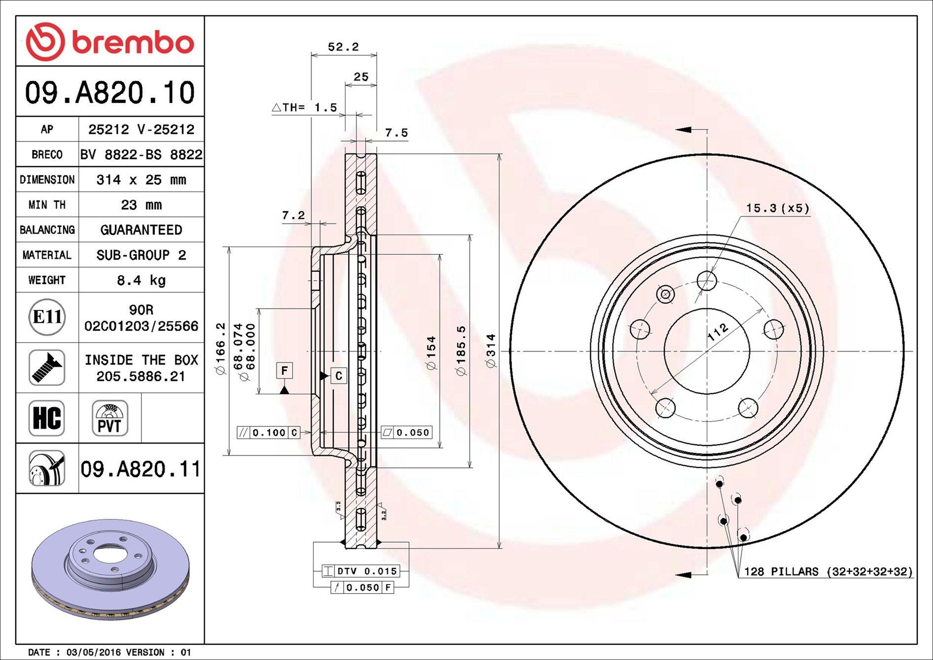 Tarcza hamulcowa przednia Brembo 09A82011
