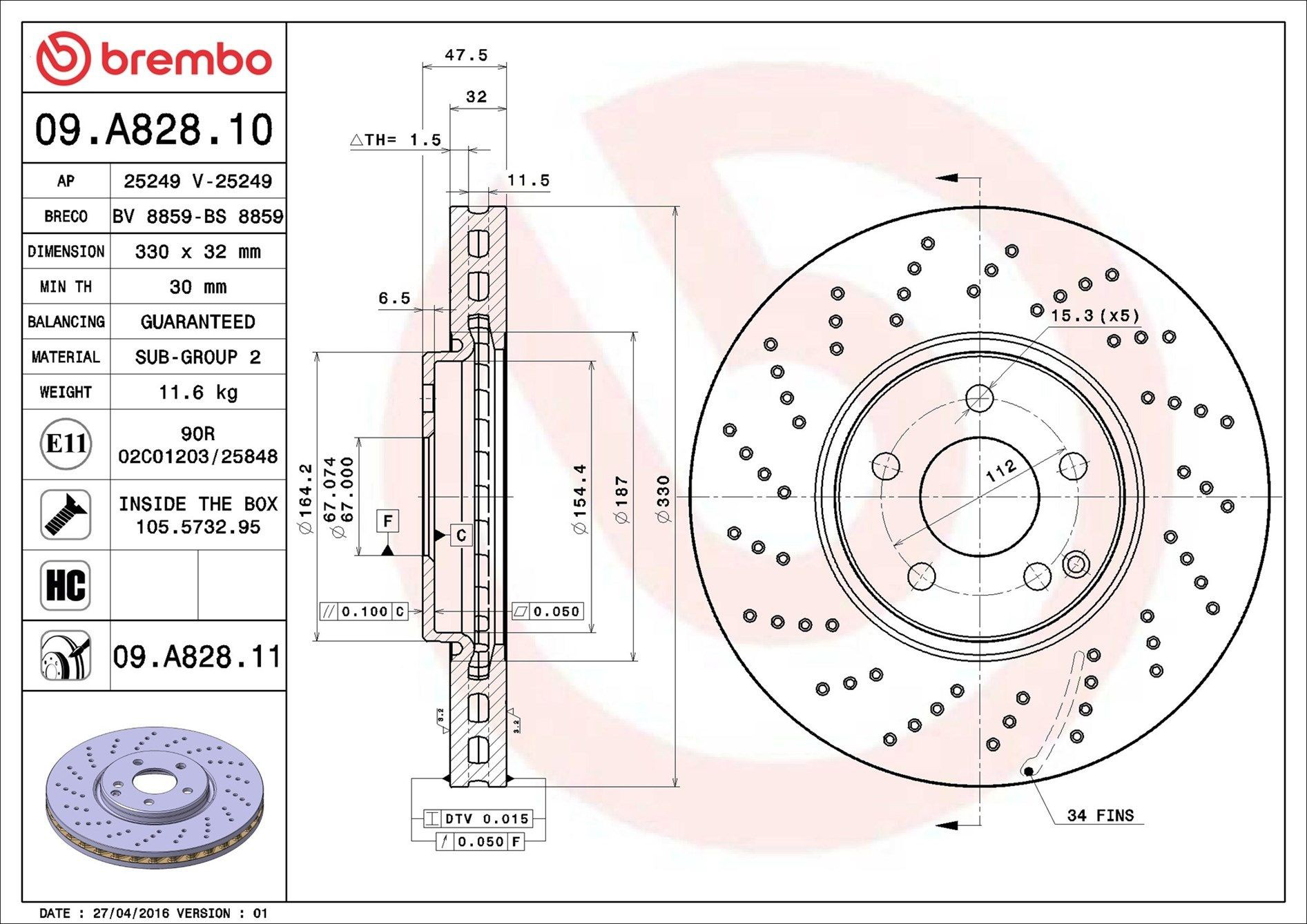 Tarcza hamulcowa przednia Brembo 09A82811 cena, od 121,91 USD