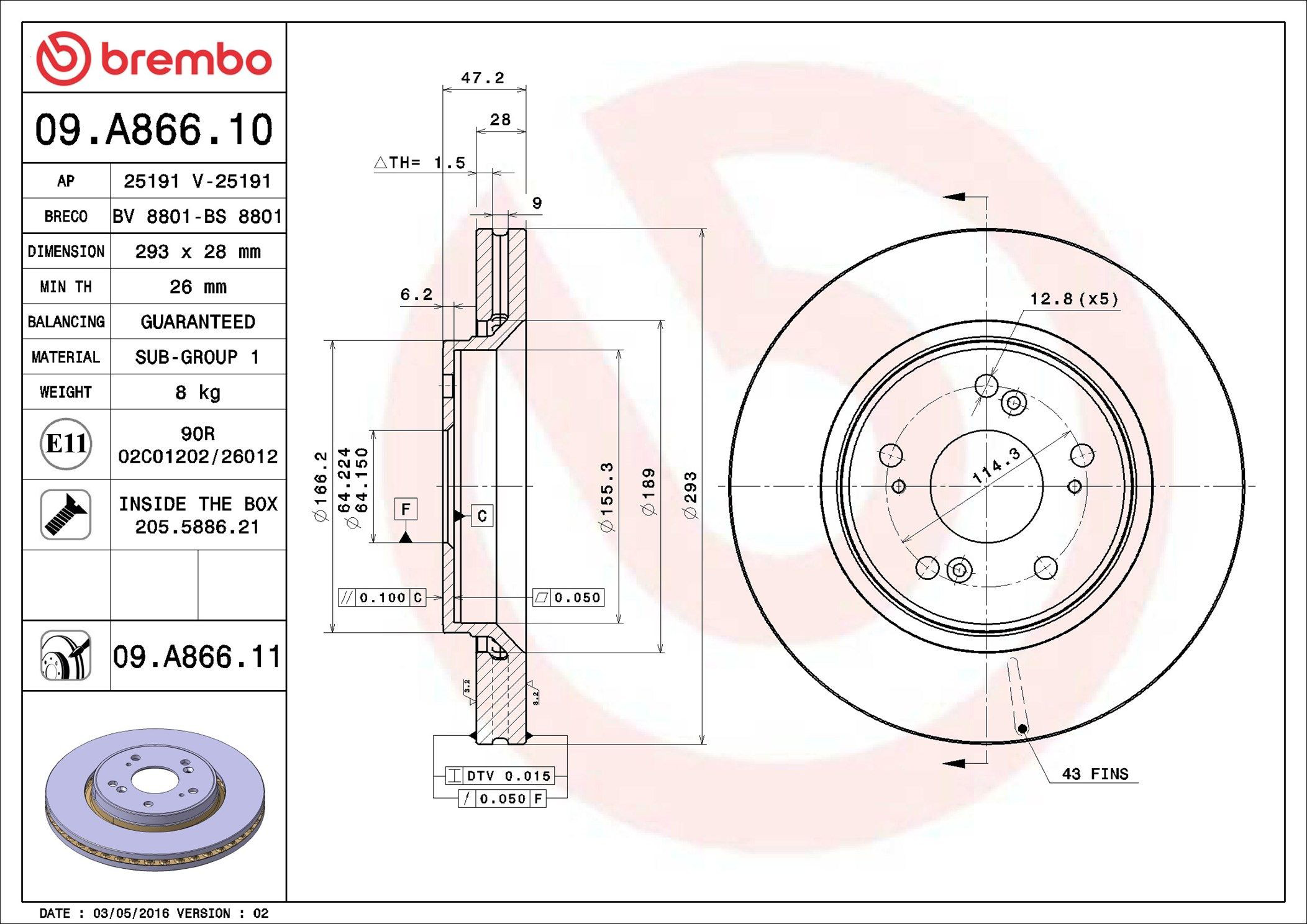 Tarcza hamulcowa przednia Brembo 09A86610 cena, od 58,59 USD