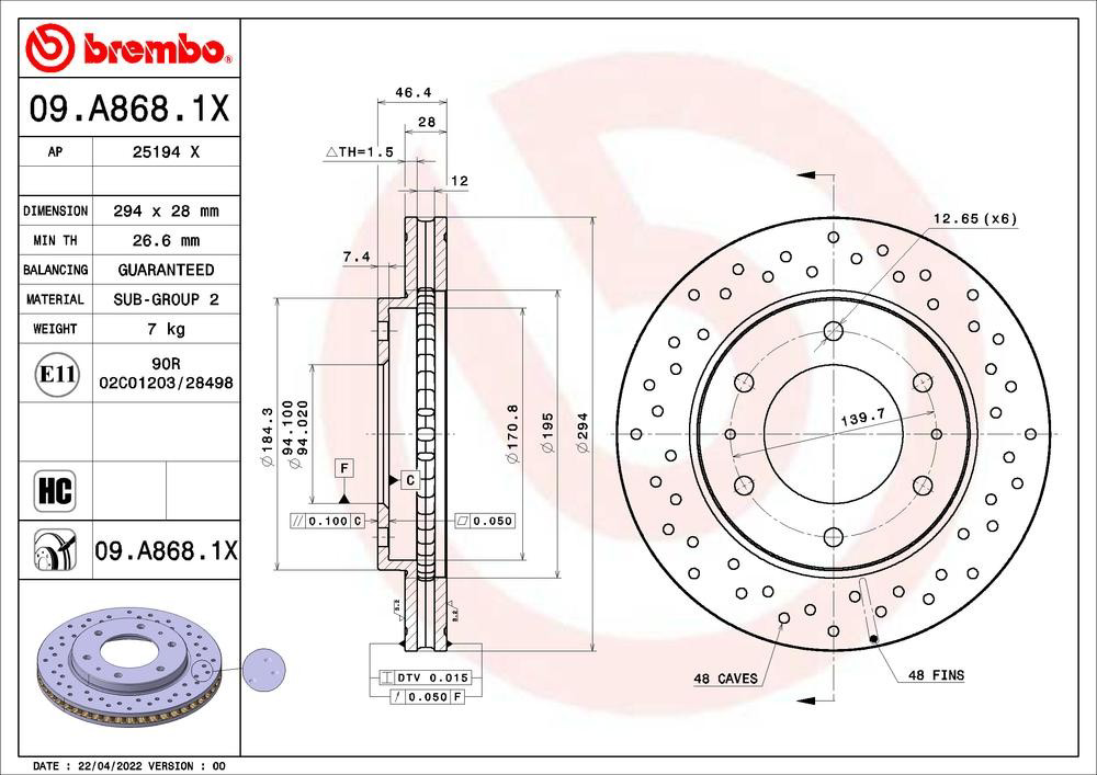 Tarcza hamulcowa przednia Brembo 09A8681X