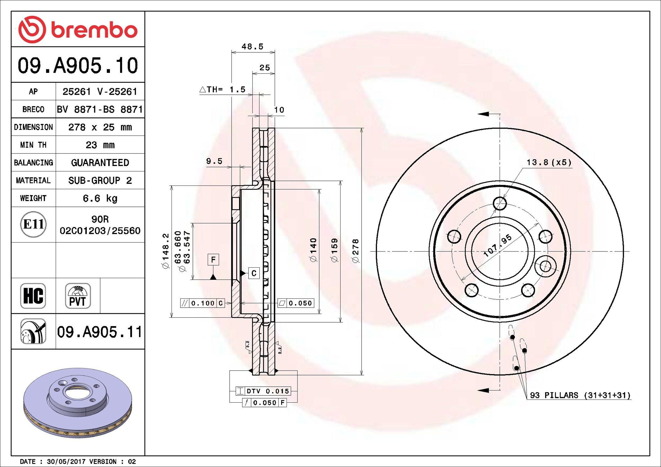 Tarcza hamulcowa przednia Brembo 09A90510 cena, od 50,09 USD