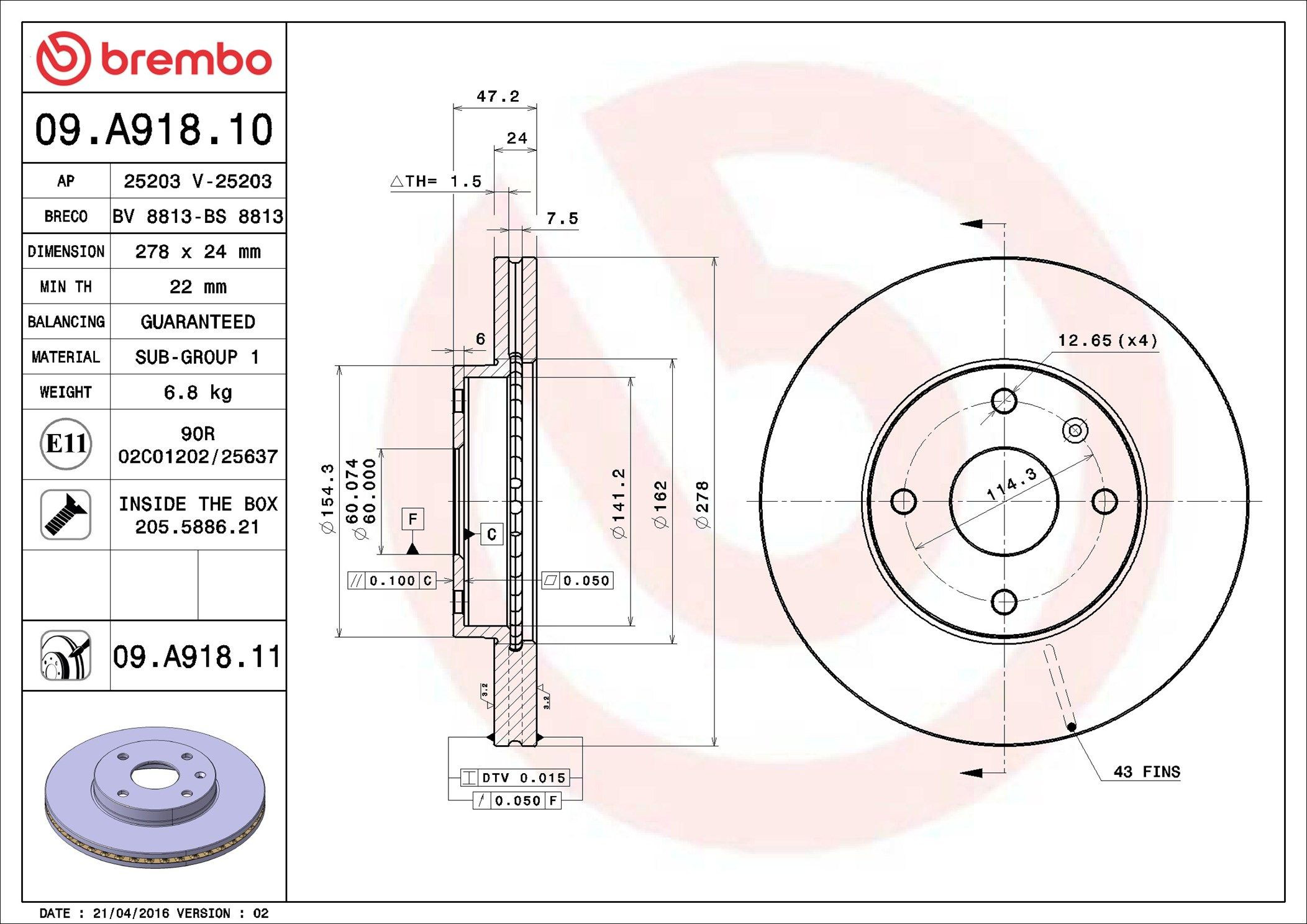 Tarcza hamulcowa przednia Brembo 09A91811 cena, od 50,69 USD