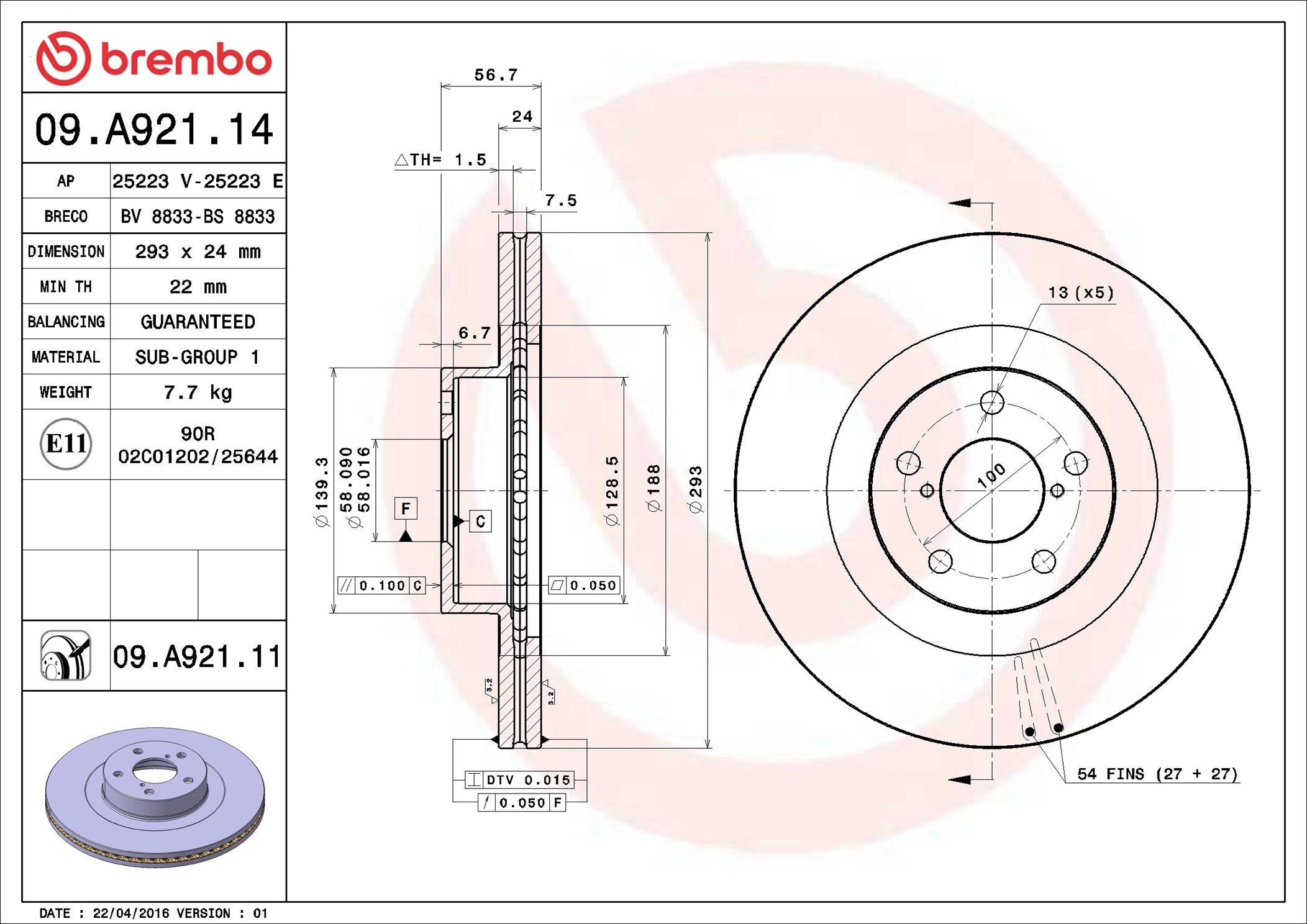 Tarcza hamulcowa przednia Brembo 09A92111 cena, od 49,66 USD