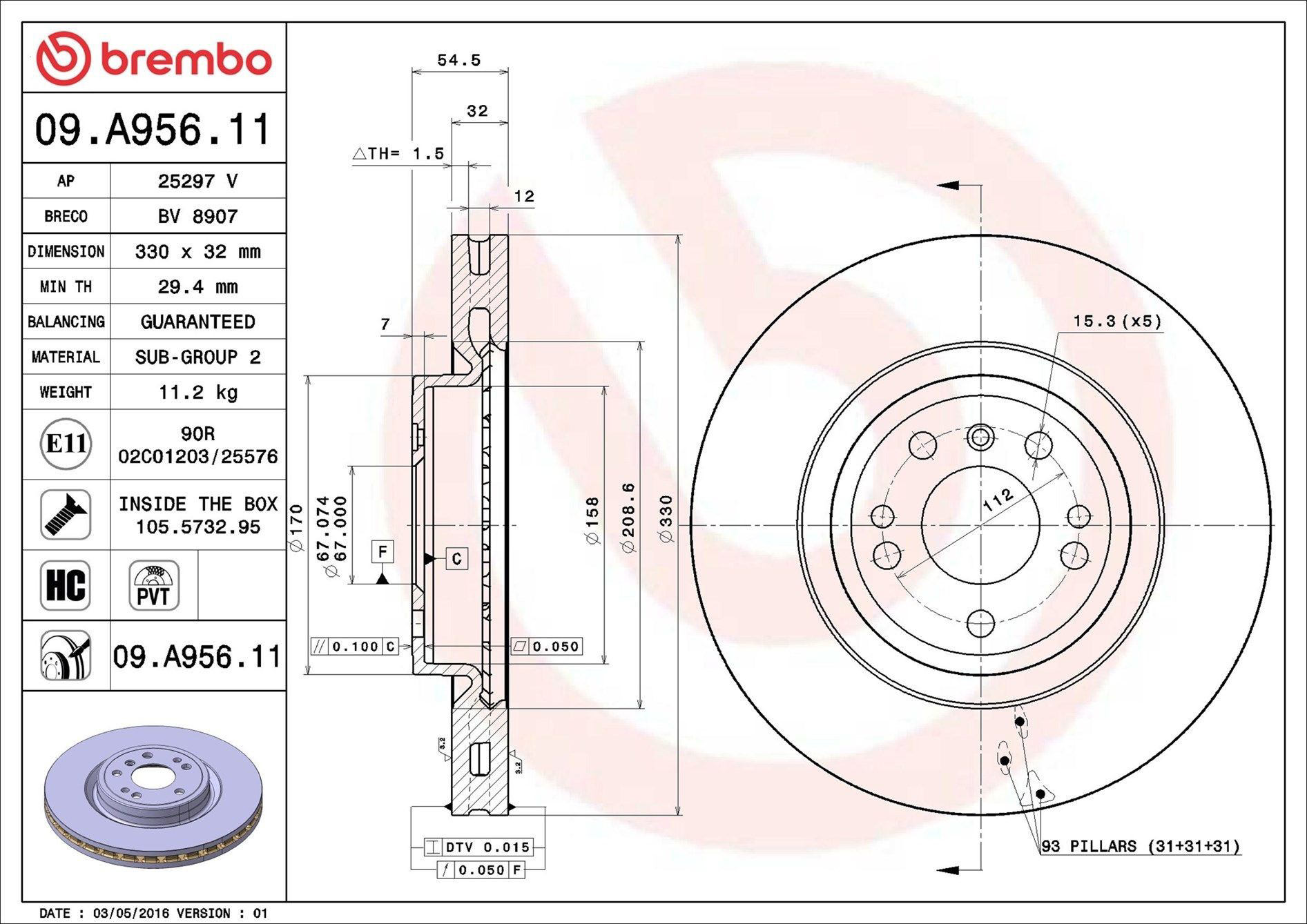 Tarcza hamulcowa przednia 09A95611 Brembo