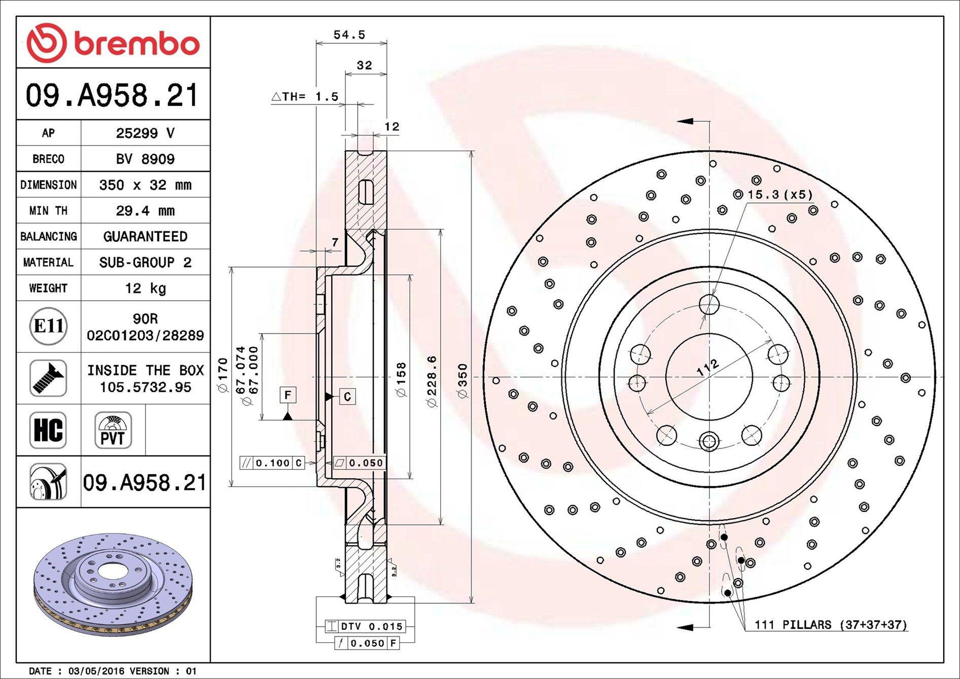 Tarcza hamulcowa przednia Brembo 09A95821 cena, od 125,02 USD