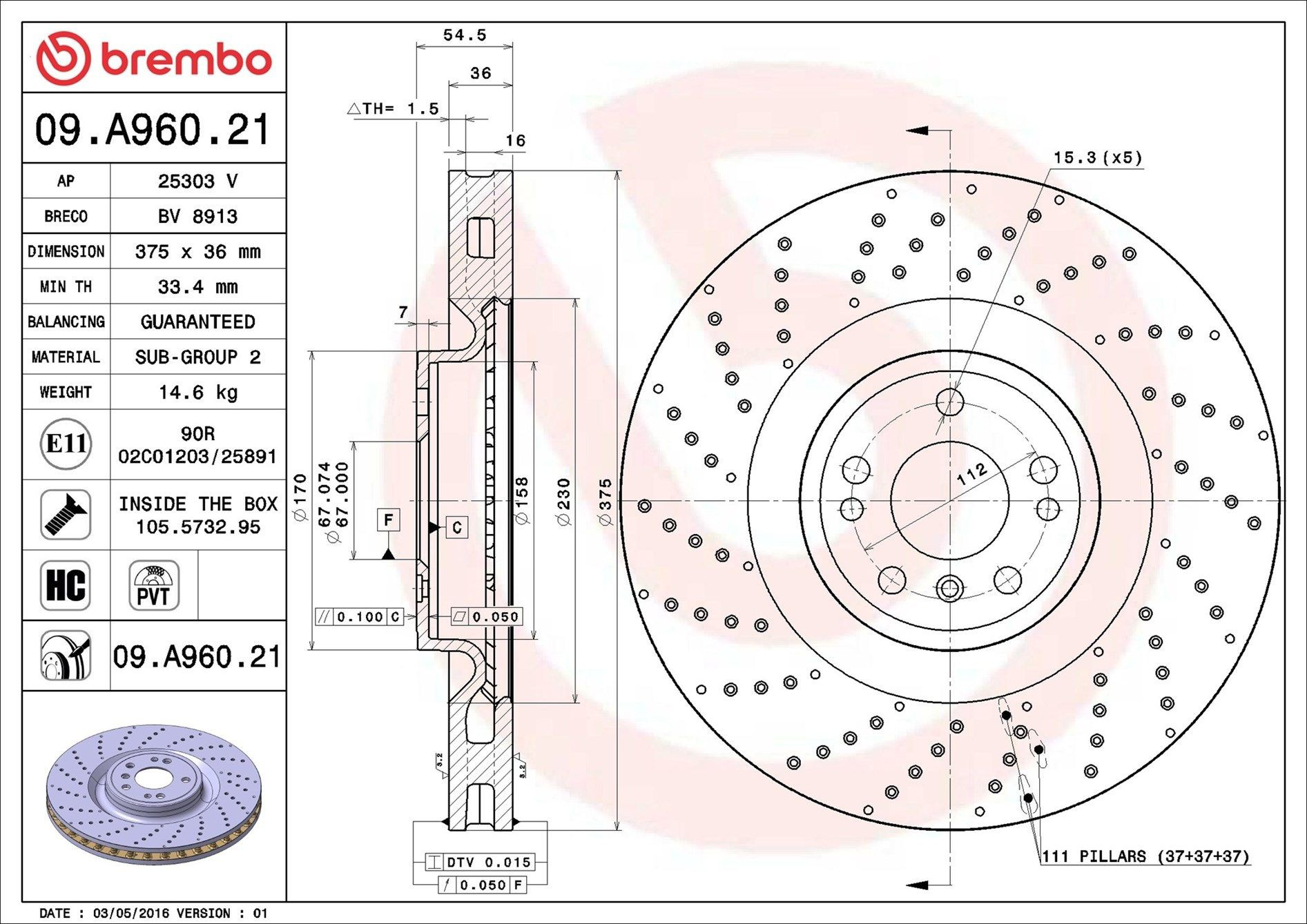 Tarcza hamulcowa przednia Brembo 09A96021 cena, od 119,35 USD