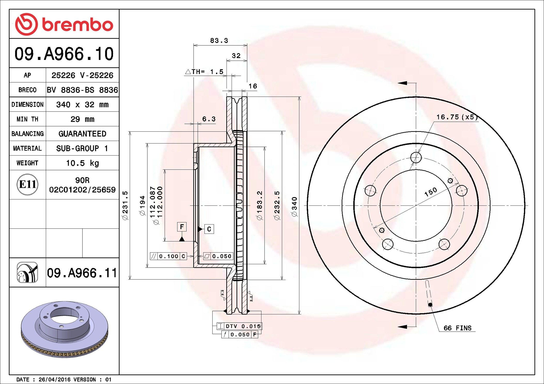 Do koszyka 09A96611 Brembo Tarcza hamulcowa przednia