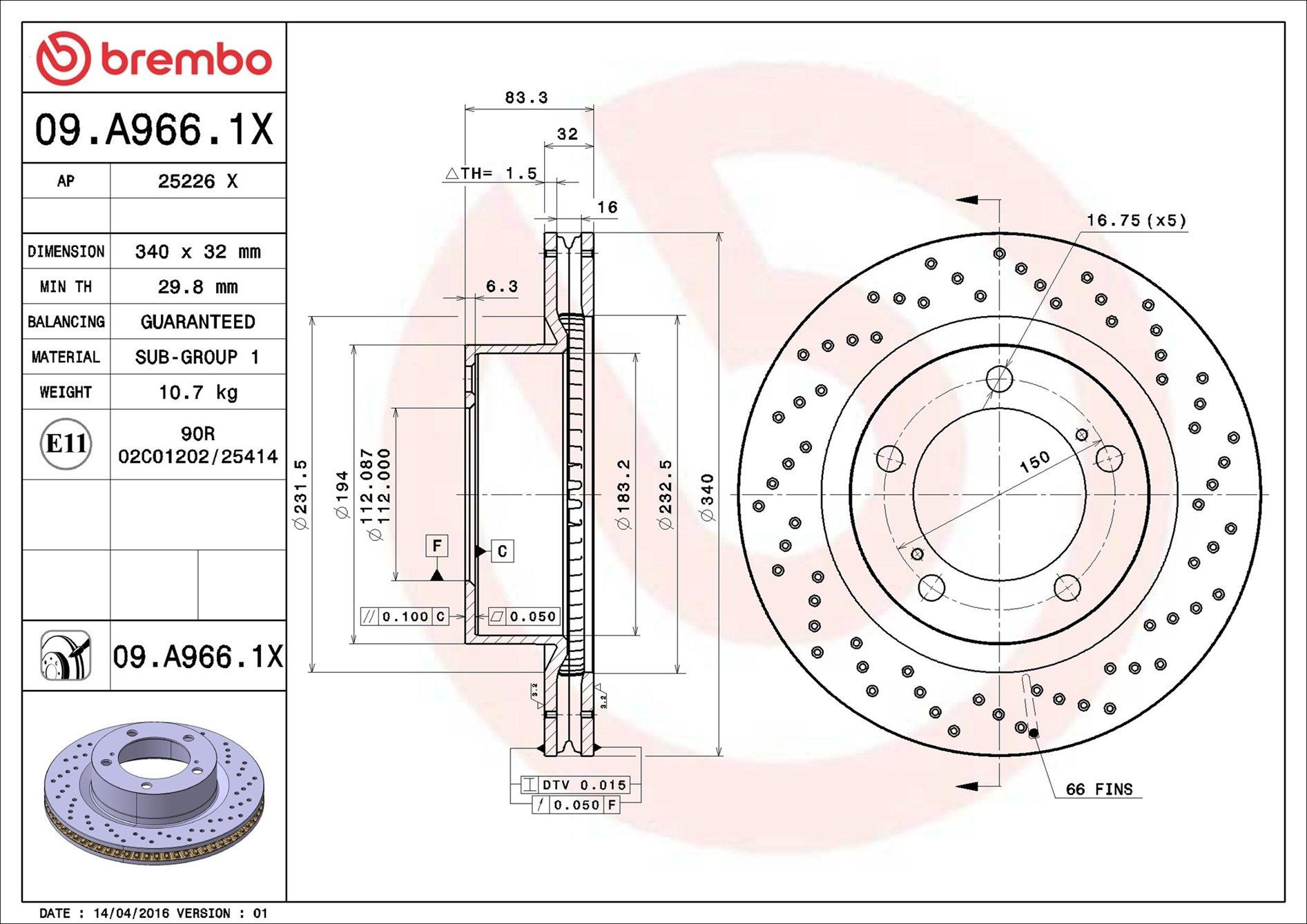 Tarcza hamulcowa przednia Brembo 09A9661X cena, od 76,61 USD