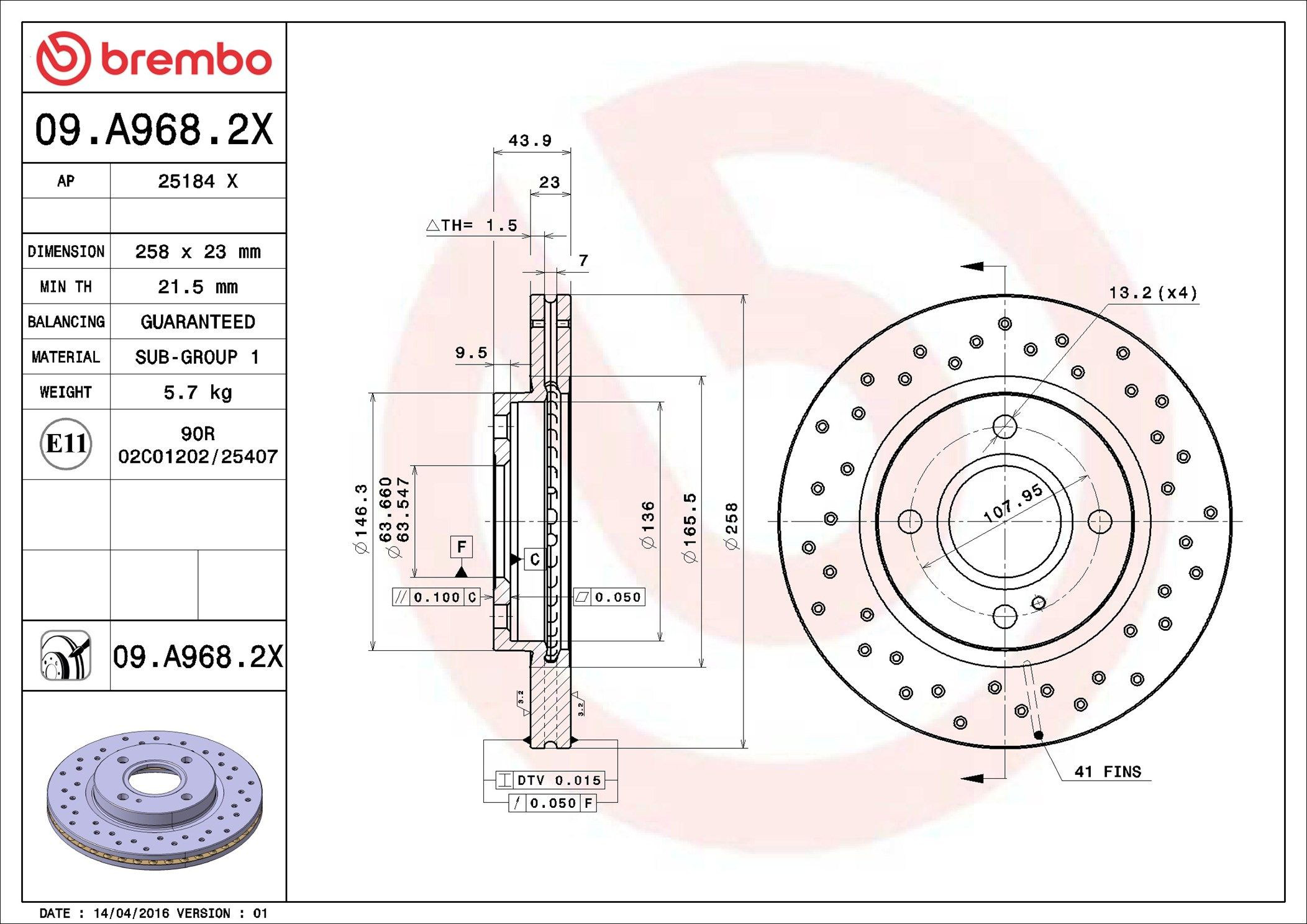 Tarcza hamulcowa przednia Brembo 09A9682X cena, od 43,45 USD