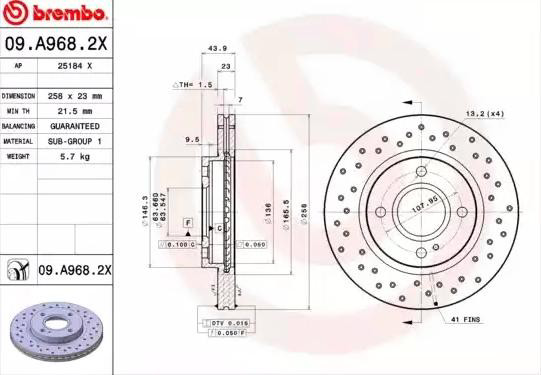 Tarcza hamulcowa przednia Brembo 09A9682X cena, od 43,45 USD