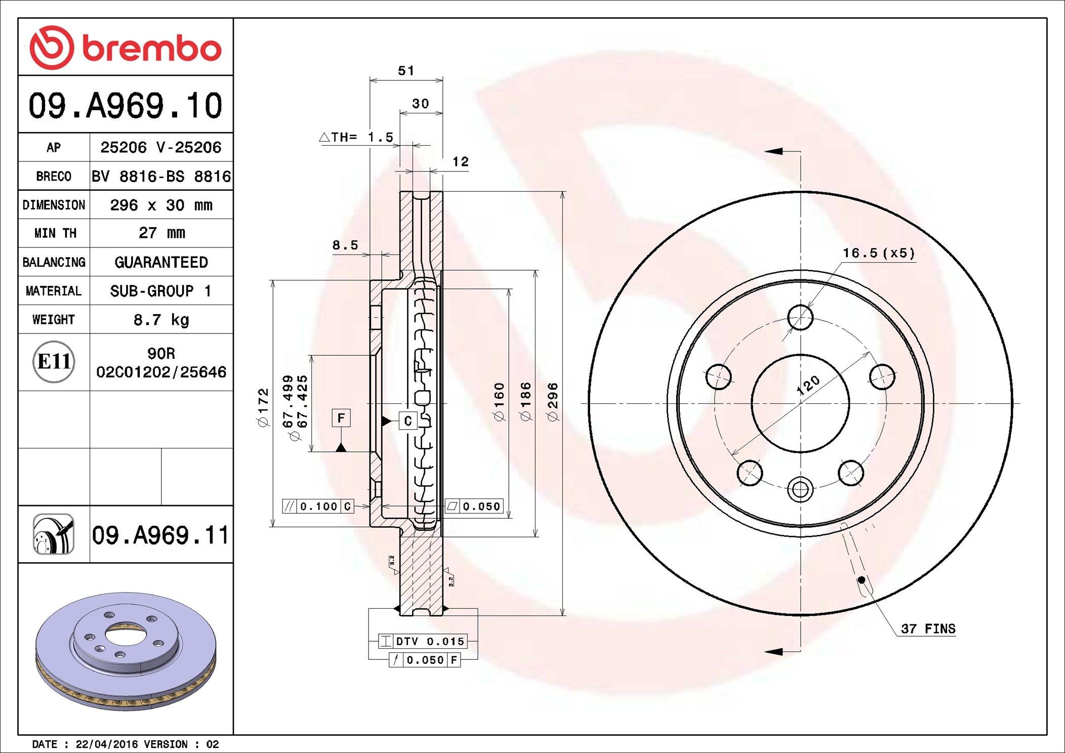 Tarcza hamulcowa przednia Brembo 09A96911 cena, od 56,37 USD