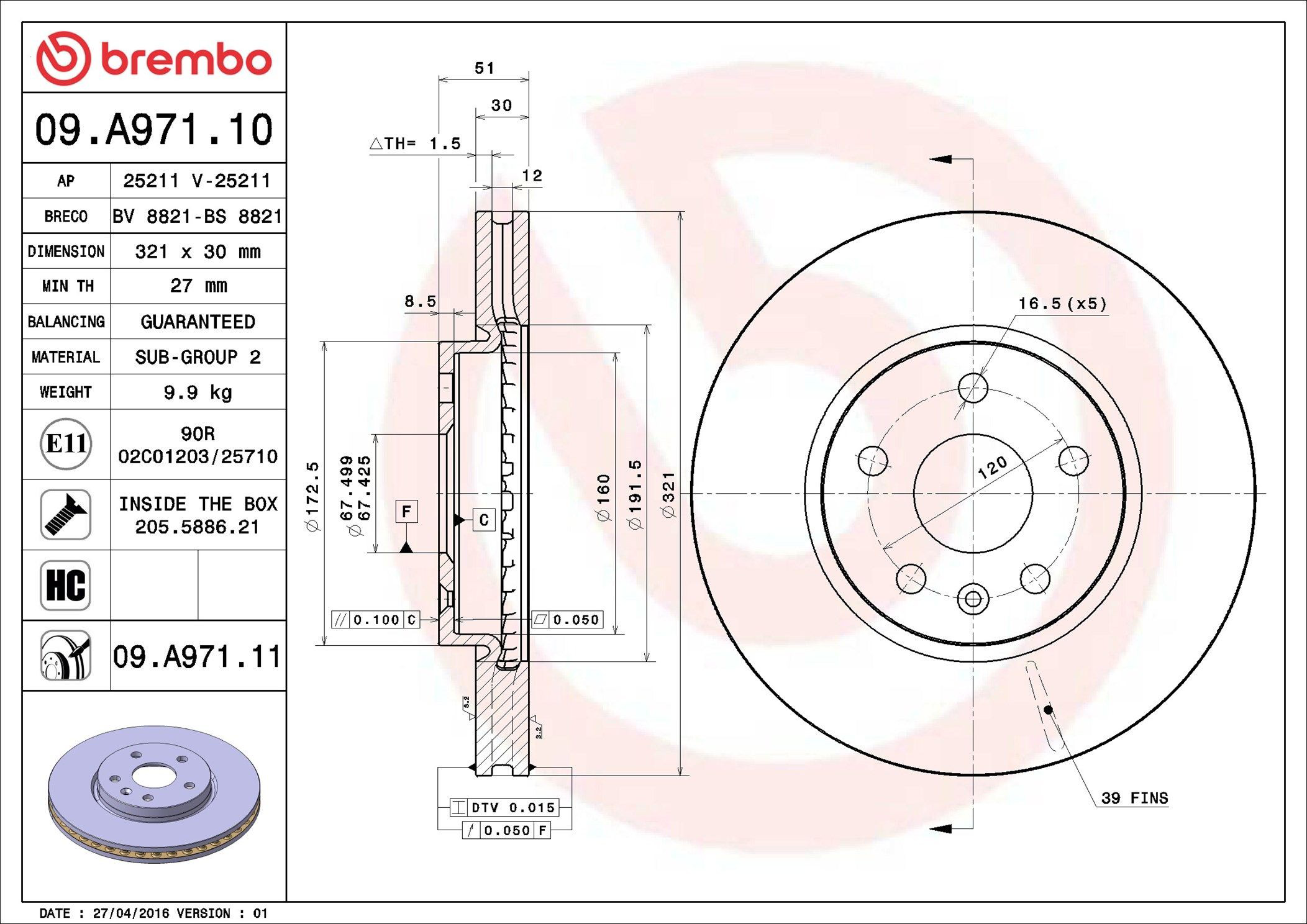 Do koszyka 09A97111 Brembo Tarcza hamulcowa przednia