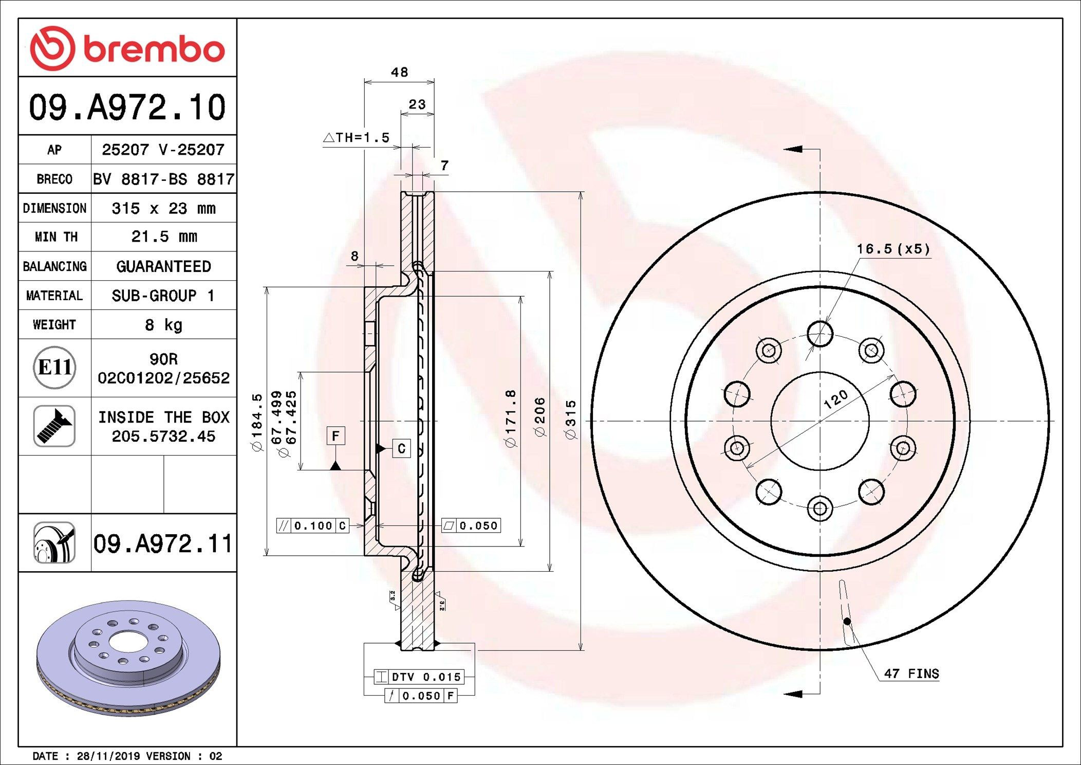 Tarcza hamulcowa tylna 09A97211 Brembo