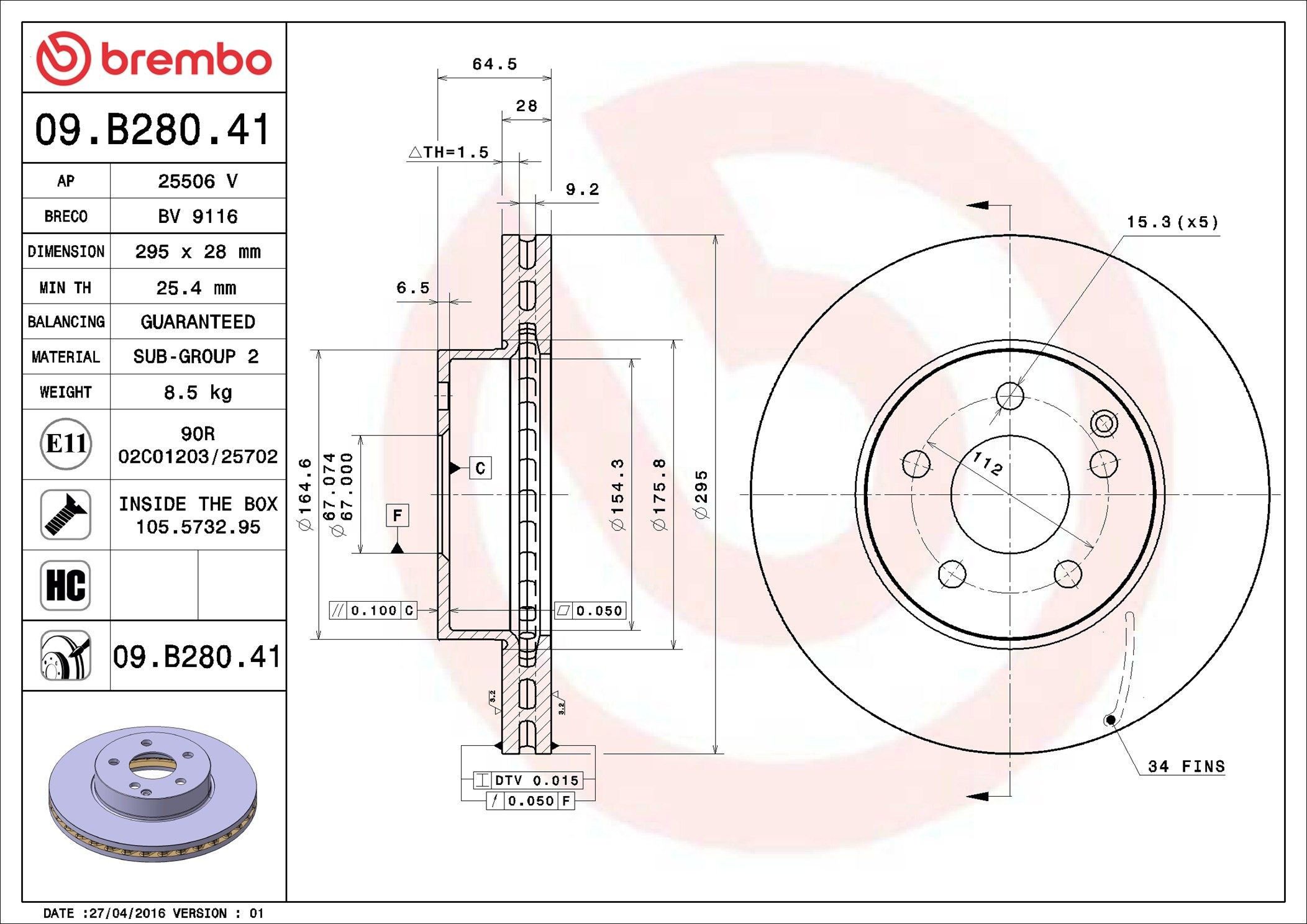 Do koszyka 09B28041 Brembo Tarcza hamulcowa przednia