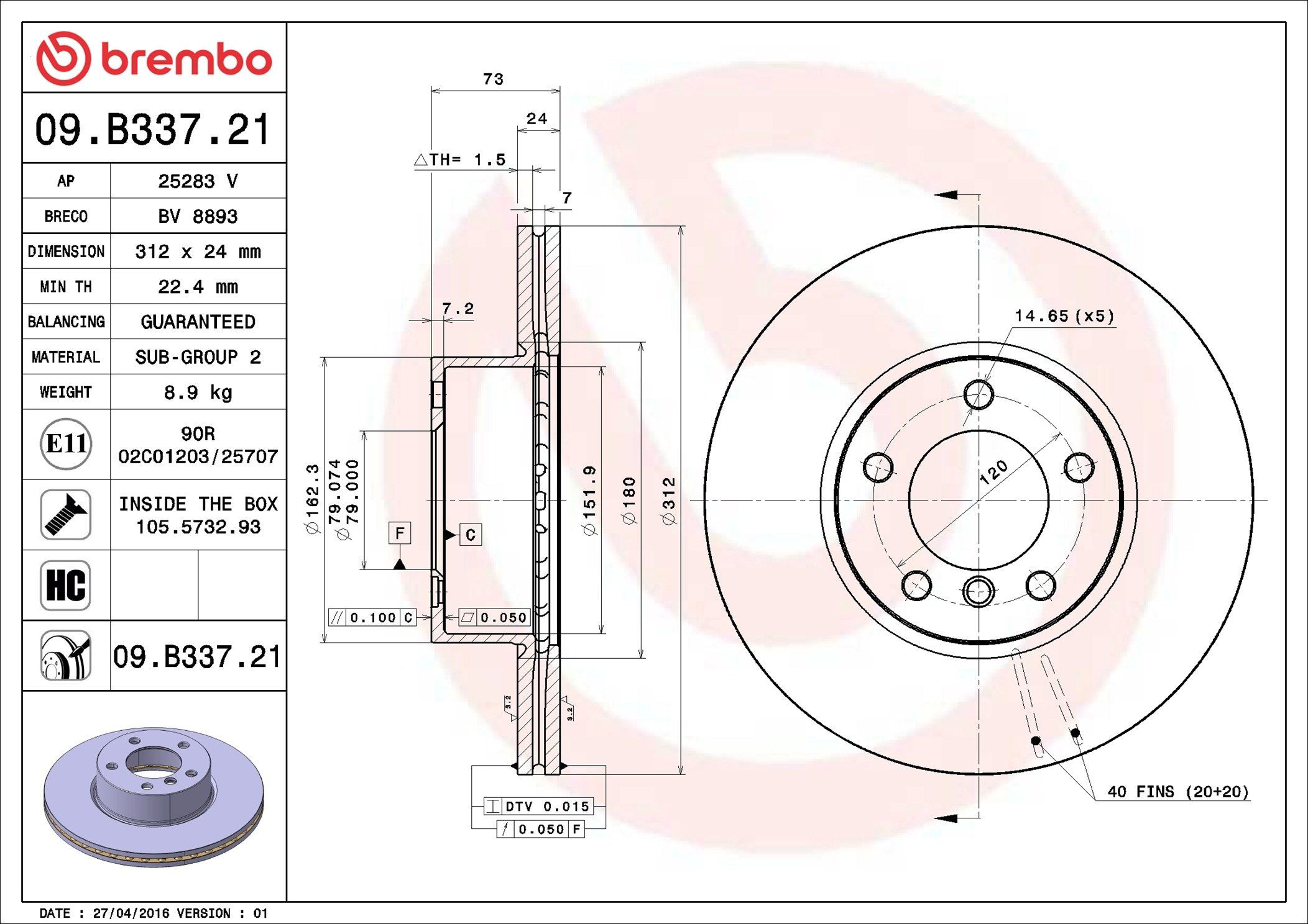 Tarcza hamulcowa przednia Brembo 09B33721 cena, od 68,73 USD