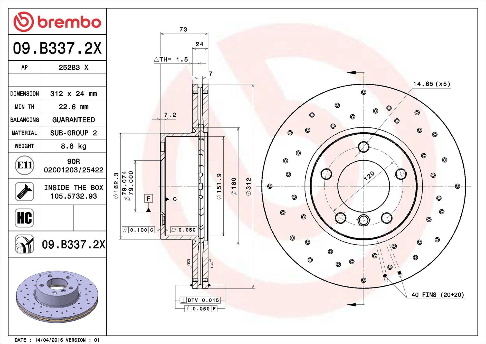 Tarcza hamulcowa przednia Brembo 09B3372X cena, od 68,73 USD