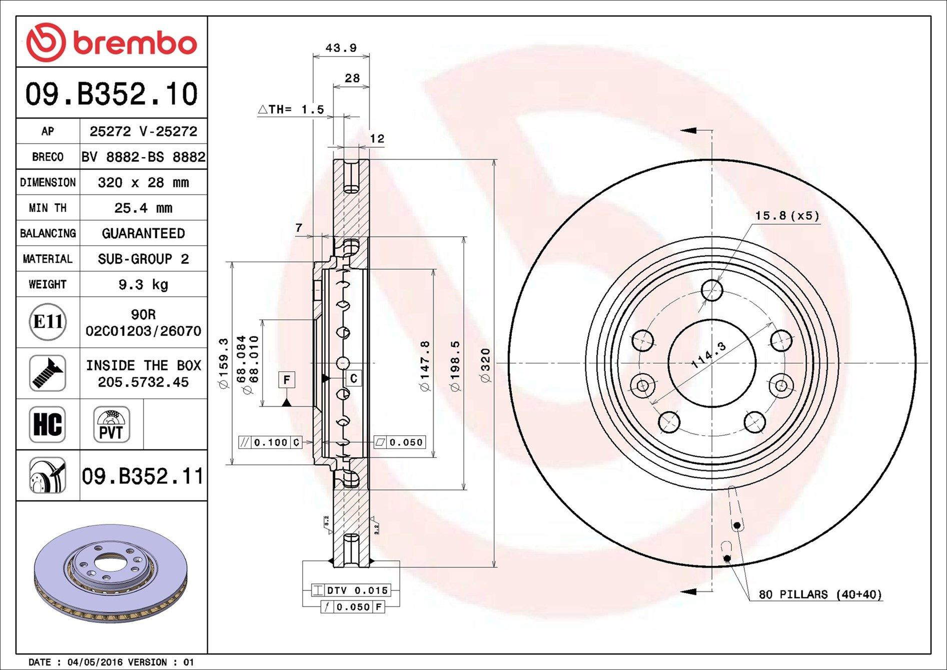 Do koszyka 09B35211 Brembo Tarcza hamulcowa przednia