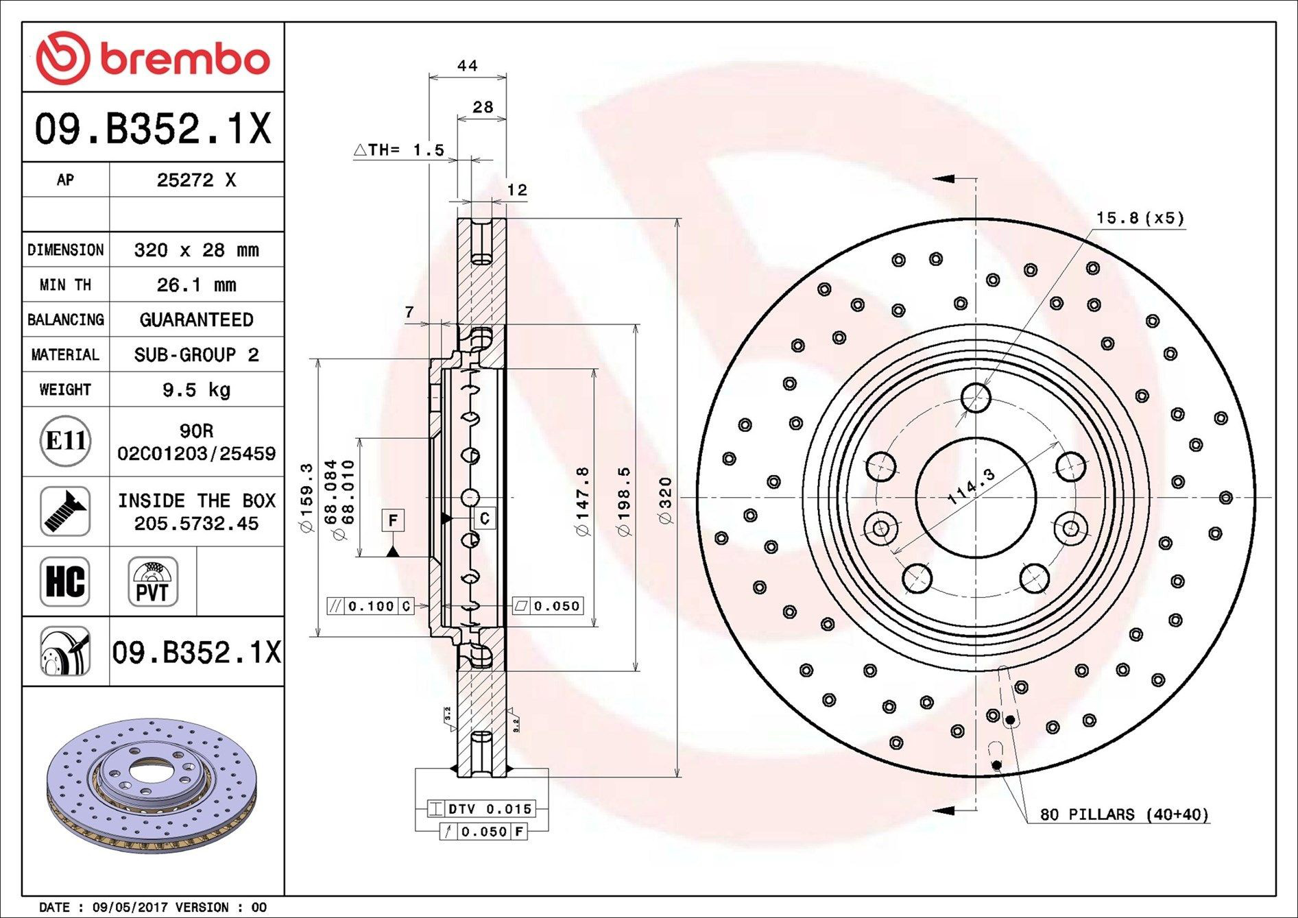 Tarcza hamulcowa przednia Brembo 09B3521X cena, od 71,84 USD