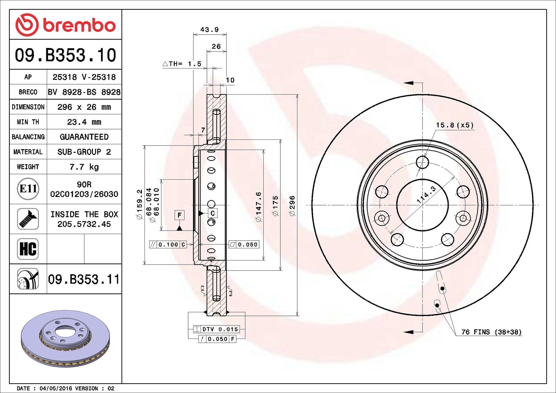 Tarcza hamulcowa przednia Brembo 09B35311 cena, od 52,82 USD