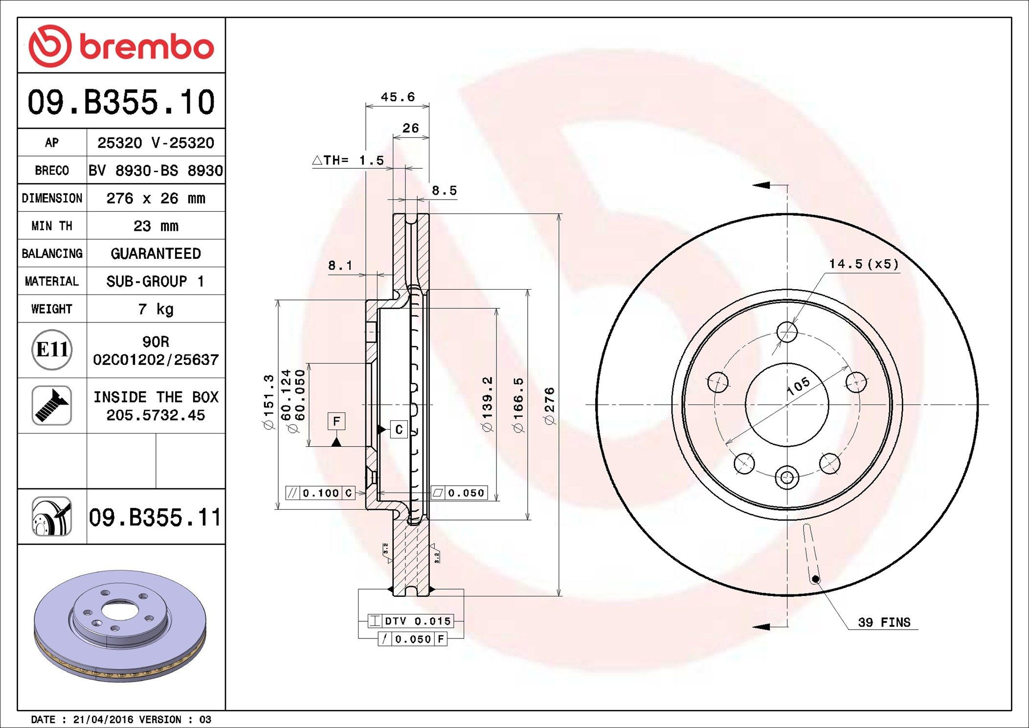 Tarcza hamulcowa przednia Brembo 09B35511