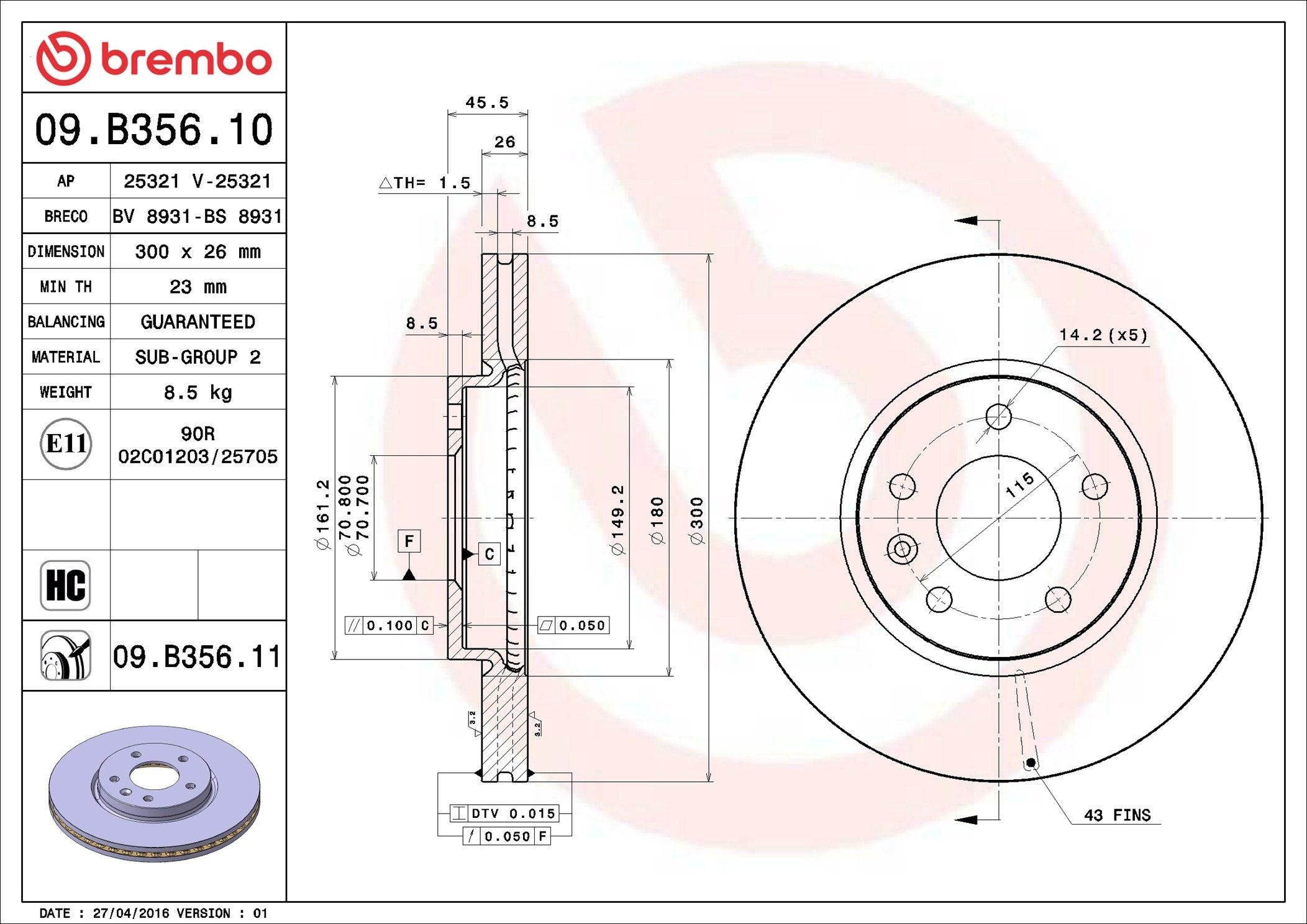 Tarcza hamulcowa przednia Brembo 09B35611 cena, od 57,55 USD