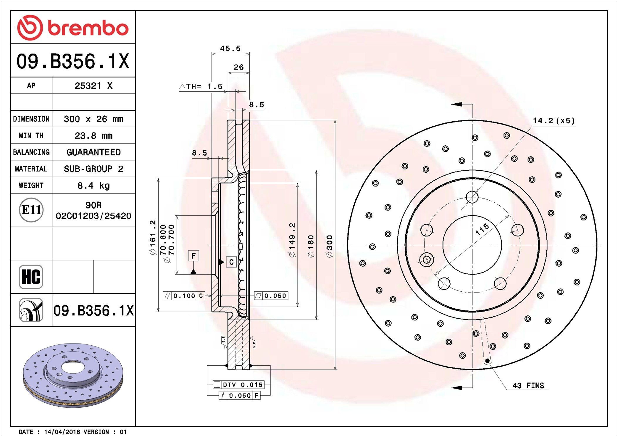 Tarcza hamulcowa przednia Brembo 09B3561X cena, od 72,80 USD