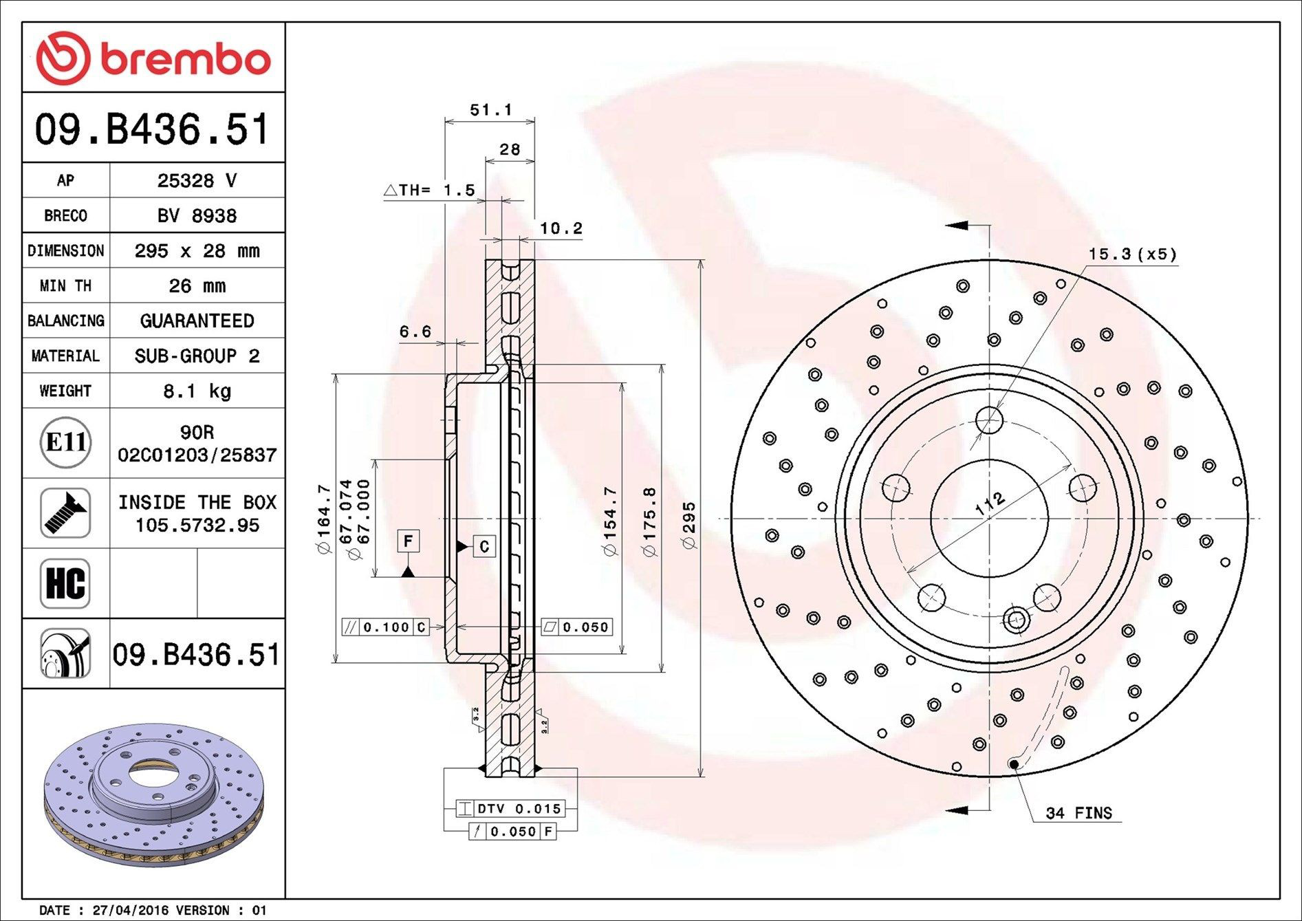 Tarcza hamulcowa przednia Brembo 09B43651 cena, od 73,93 USD