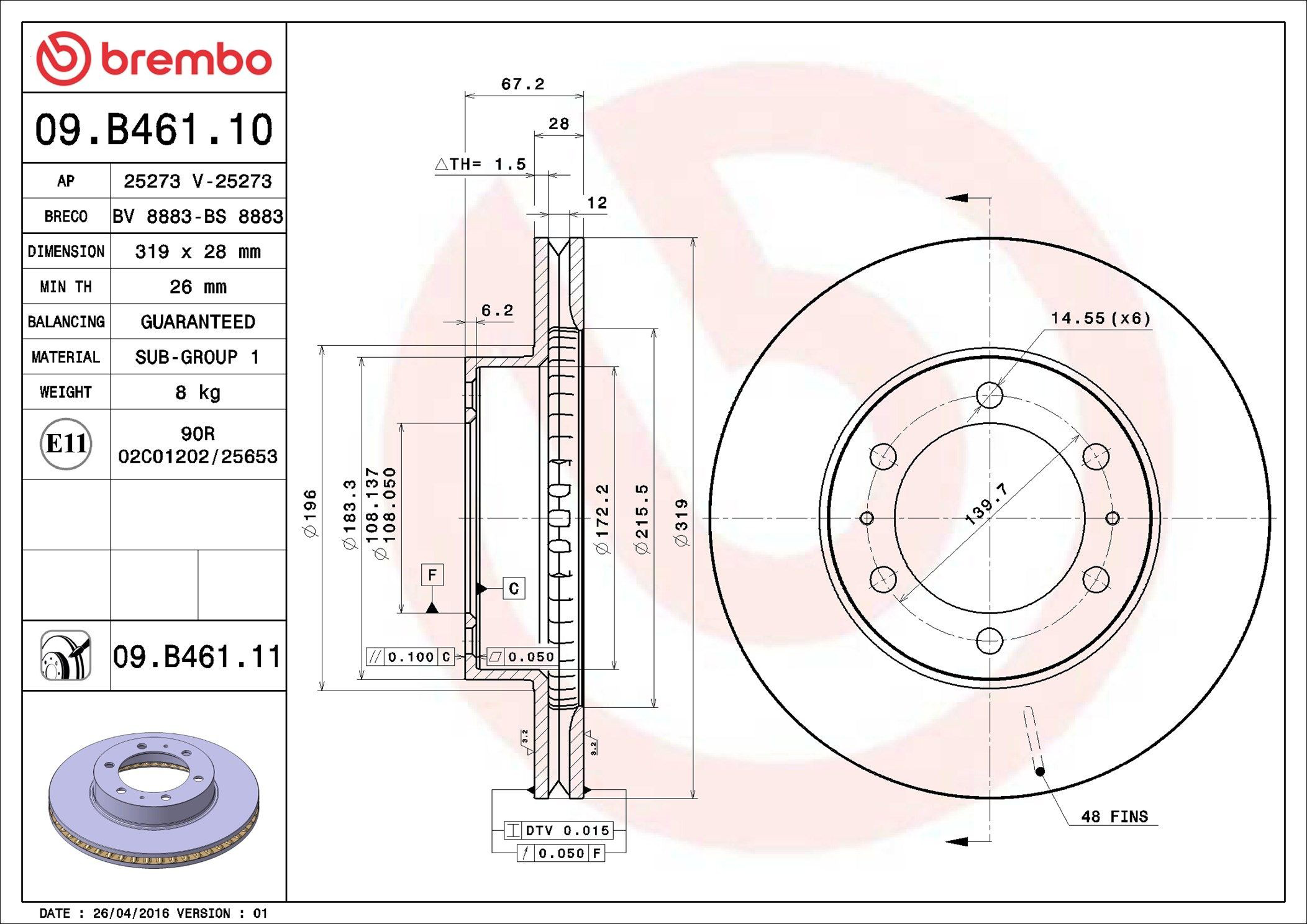 Tarcza hamulcowa przednia Brembo 09B46111 cena, od 71,67 USD