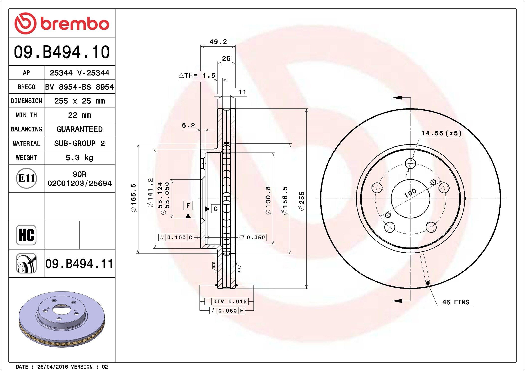 Tarcza hamulcowa przednia Brembo 09B49411 cena, od 44,64 USD